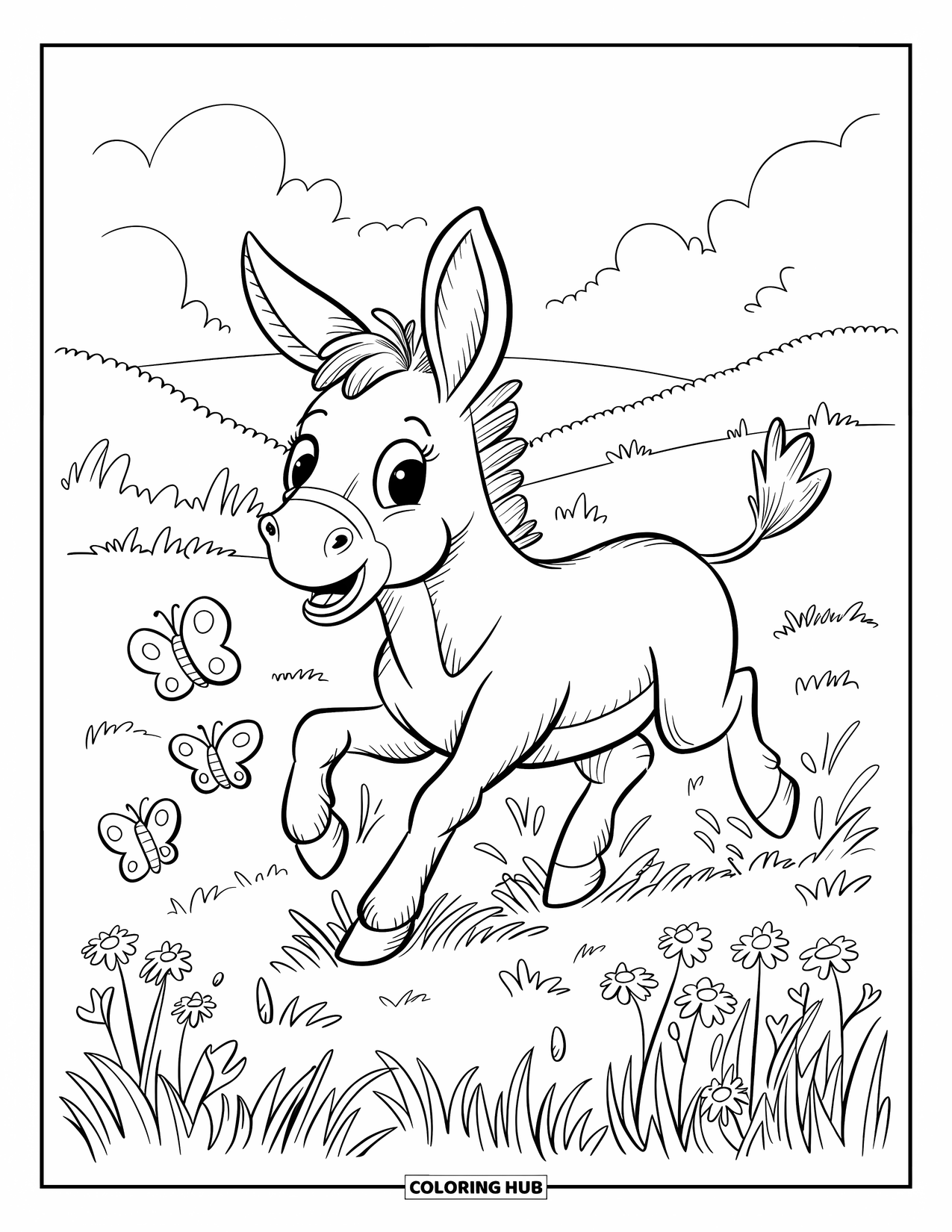Desenho de burro para colorir para adultos: Um burro corre alegremente por um prado arejado, seguindo borboletas