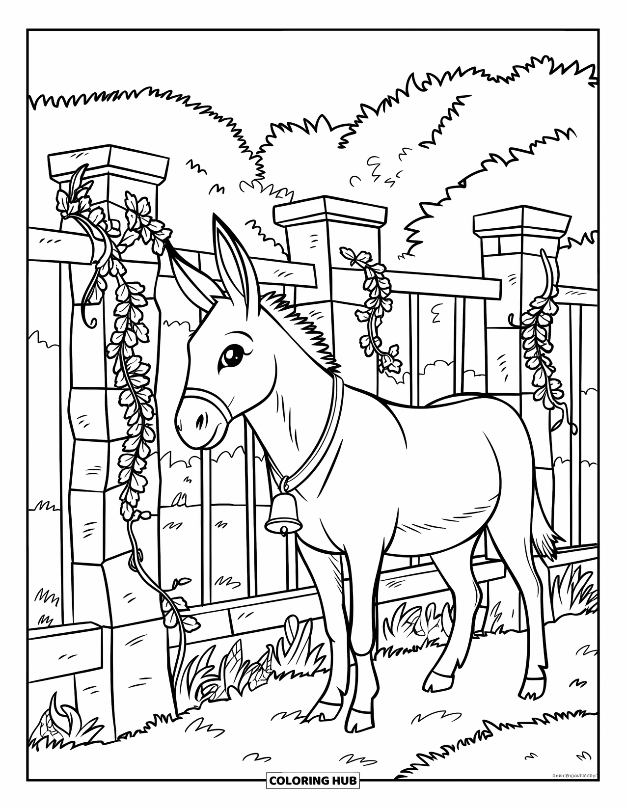 Desenho de burro para colorir para adultos: Um burro descansa ao lado de uma cerca de pedra coberta de vinhas com um portão de madeira
