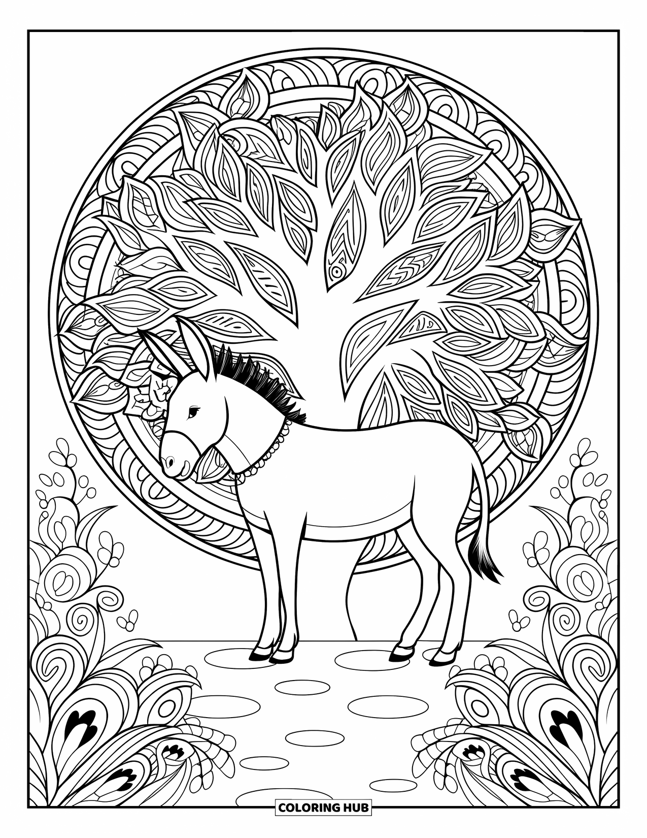 Desenho de burro para colorir para adultos: Um burro descansa sob uma árvore elaborada, cercado por padrões rodopiantes e desenhos artísticos