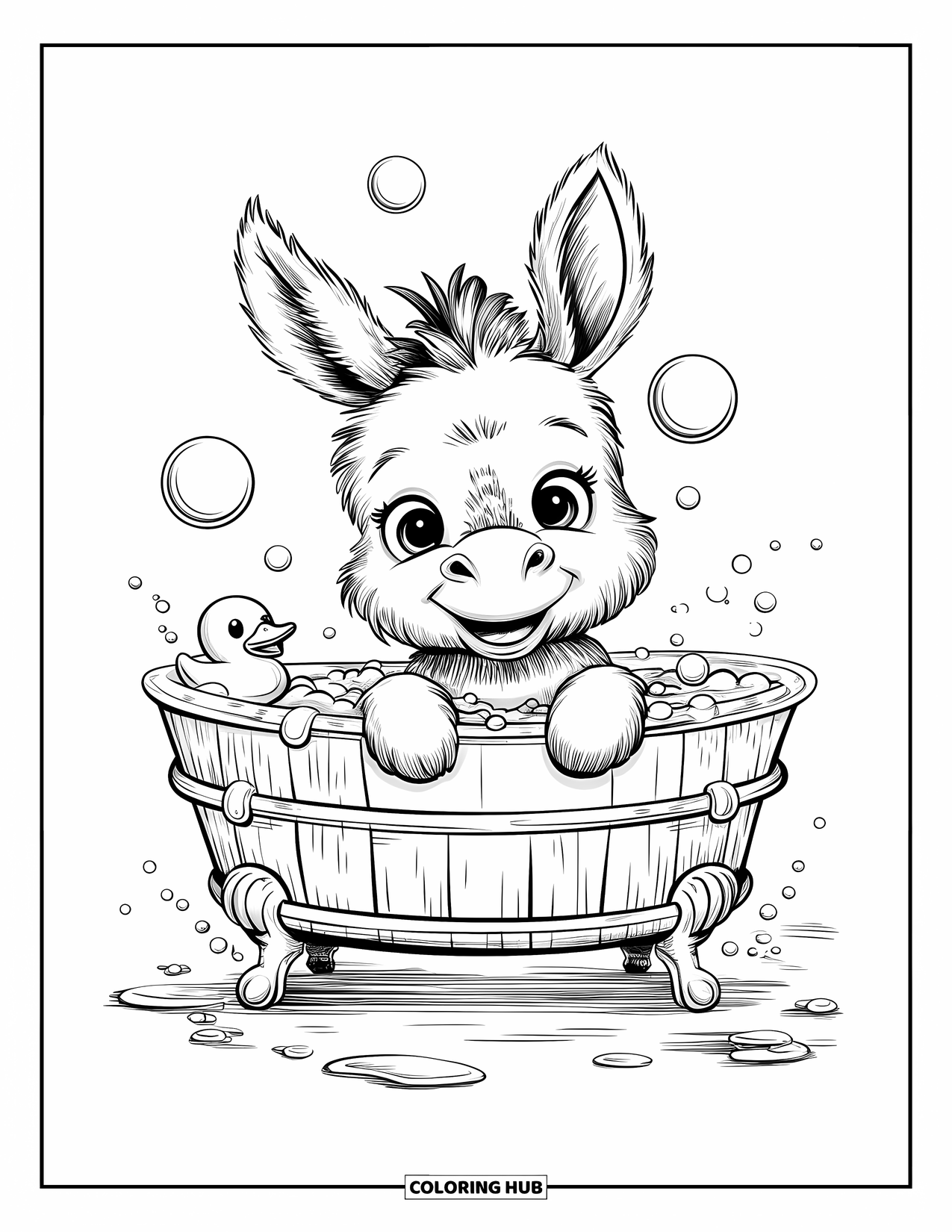 Desenho de burro para colorir para adultos: Um burro senta-se em uma banheira cheia de bolhas, espirrando água alegremente