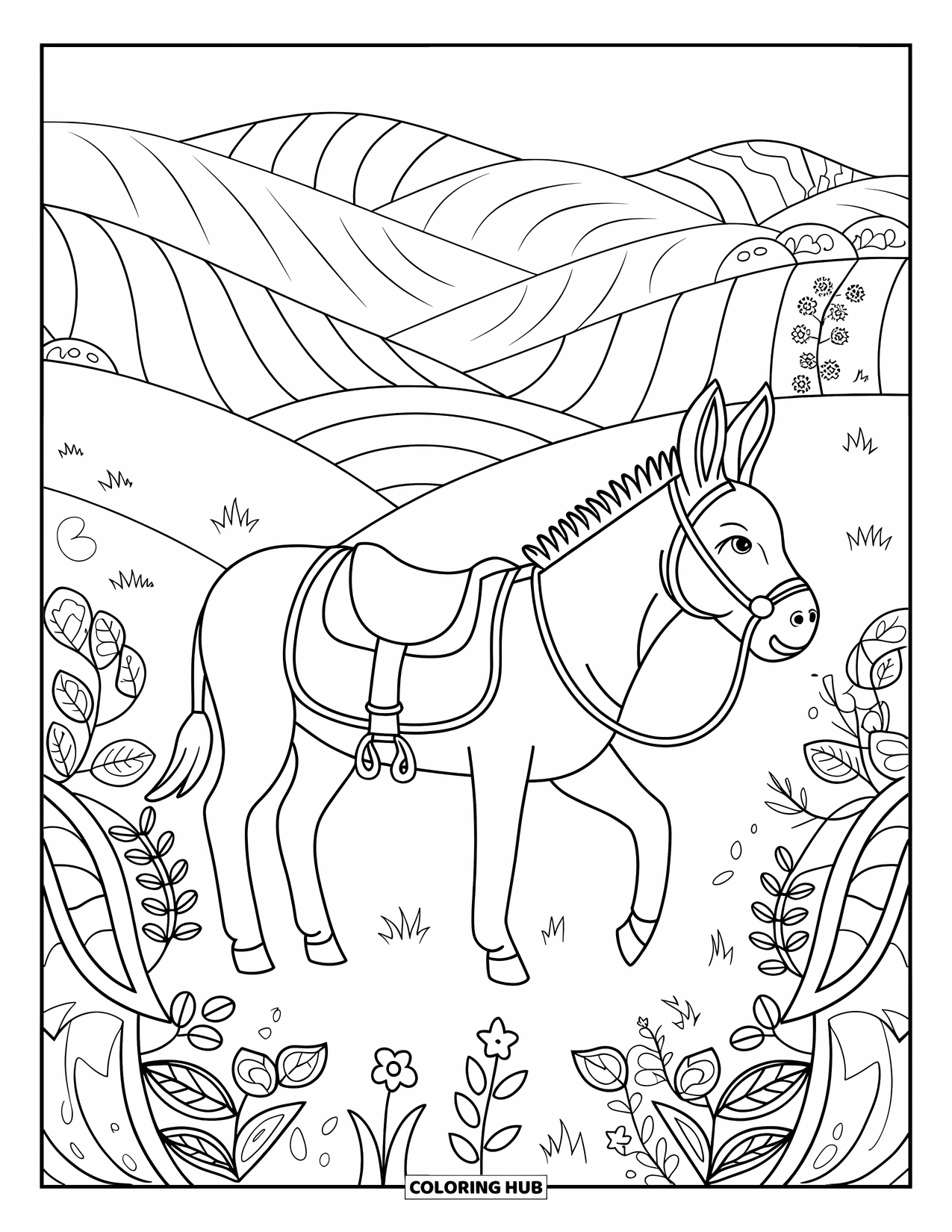 Desenho de burro para colorir para adultos: Um burro está entre flores intrincadamente desenhadas, cercado por colinas e vinhas decorativas