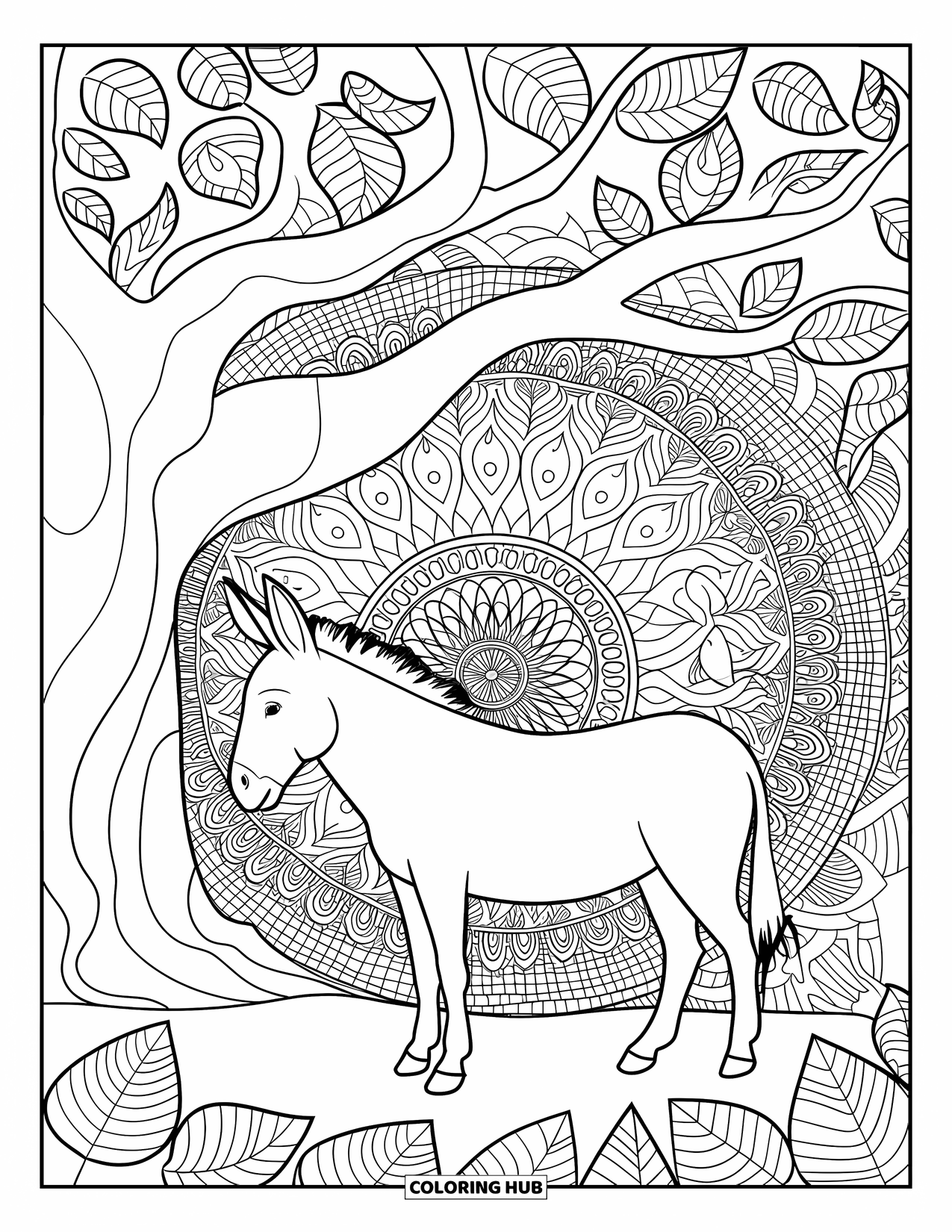 Desenho de burro para colorir para adultos: Um burro está ao lado de uma árvore com folhas retorcidas e um fundo de mandala altamente detalhado