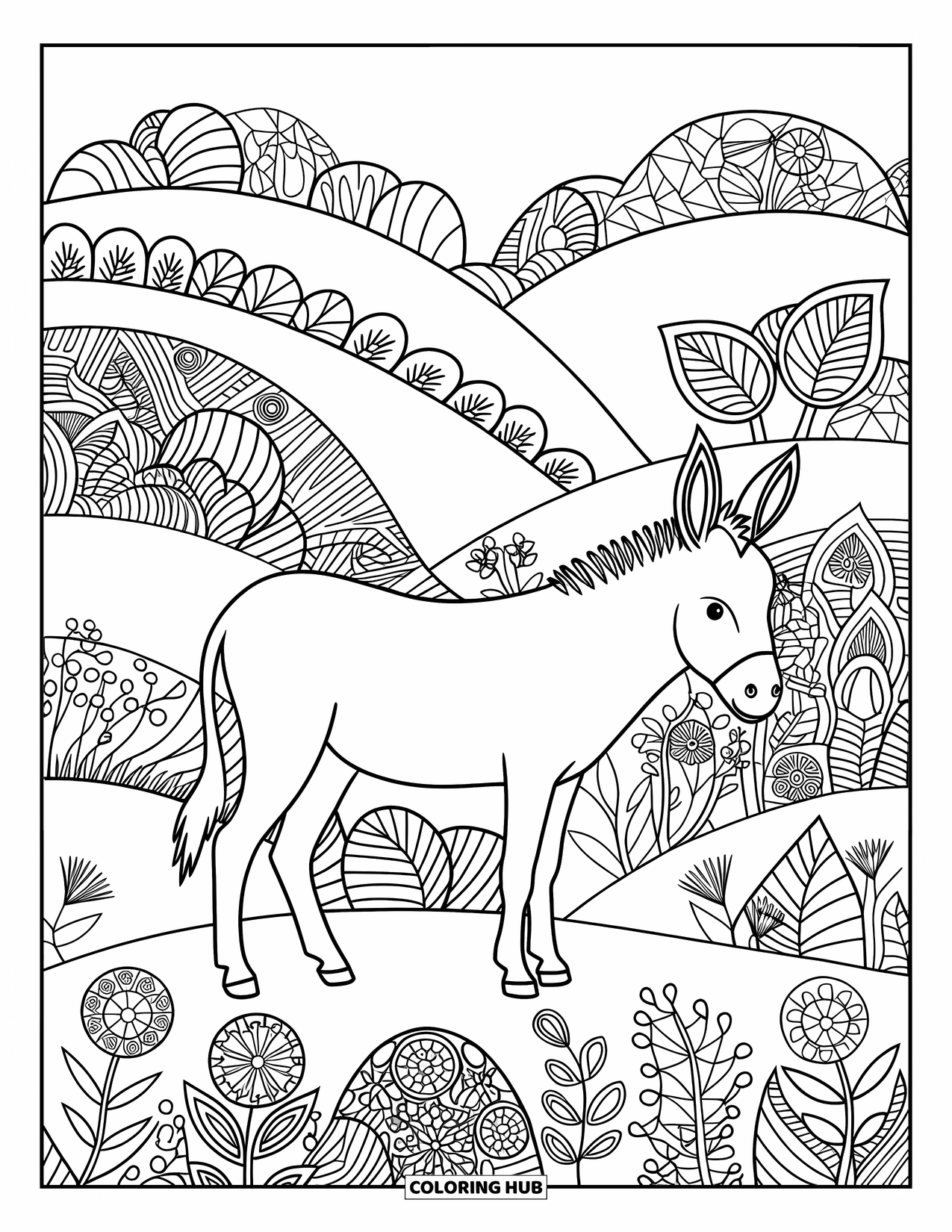 Desenho de burro para colorir para adultos: Um burro está em uma paisagem tranquila com colinas e padrões florais rodopiantes