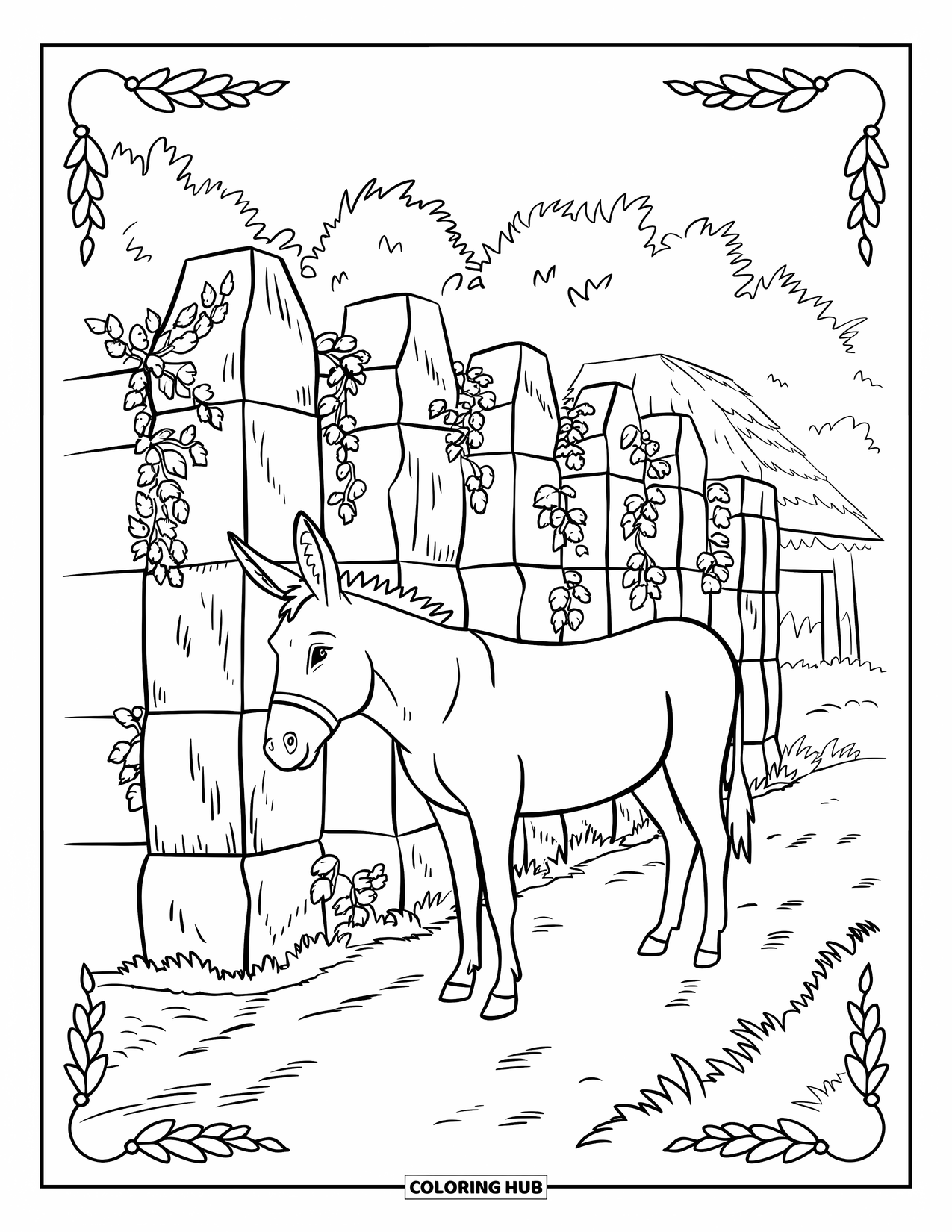 Desenho de burro para colorir para adultos: Um burro está perto de uma velha cerca de pedra coberta de cipós e padrões intrincados