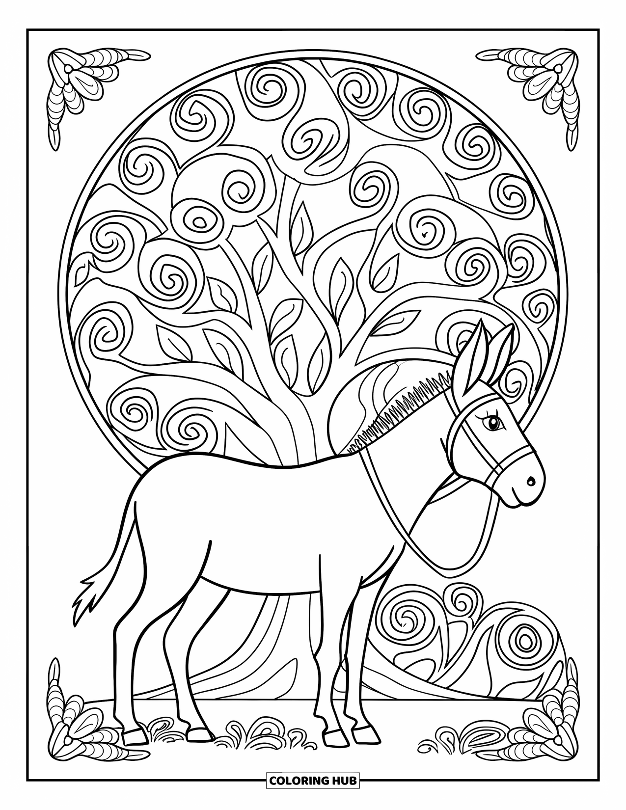 Desenho de burro para colorir para adultos: Um burro está sob uma árvore enorme com folhas rodopiantes e um fundo em estilo mandala