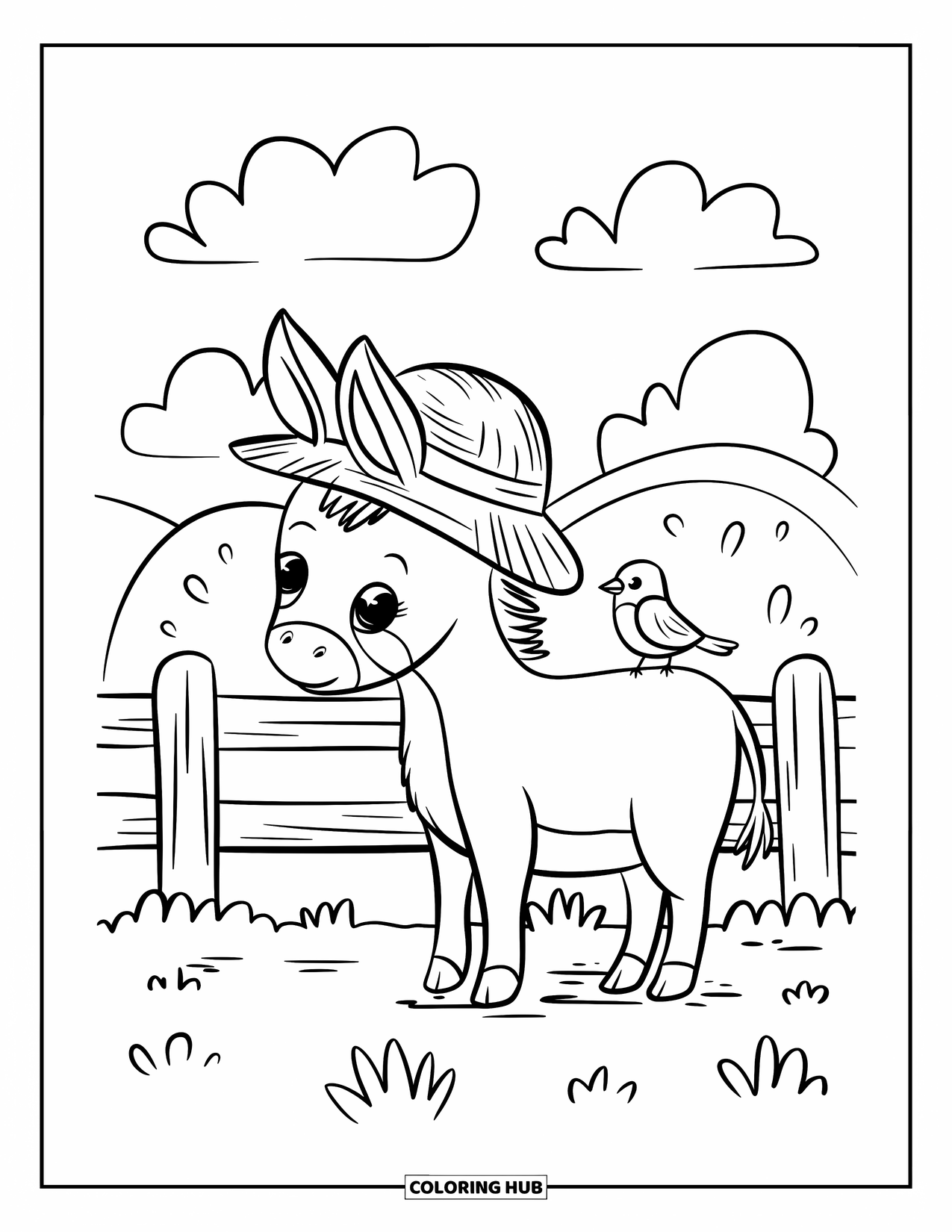Desenho de Burro para Colorir para Adultos: Um burro usando um chapéu de palha inclina a cabeça enquanto um passarinho canta