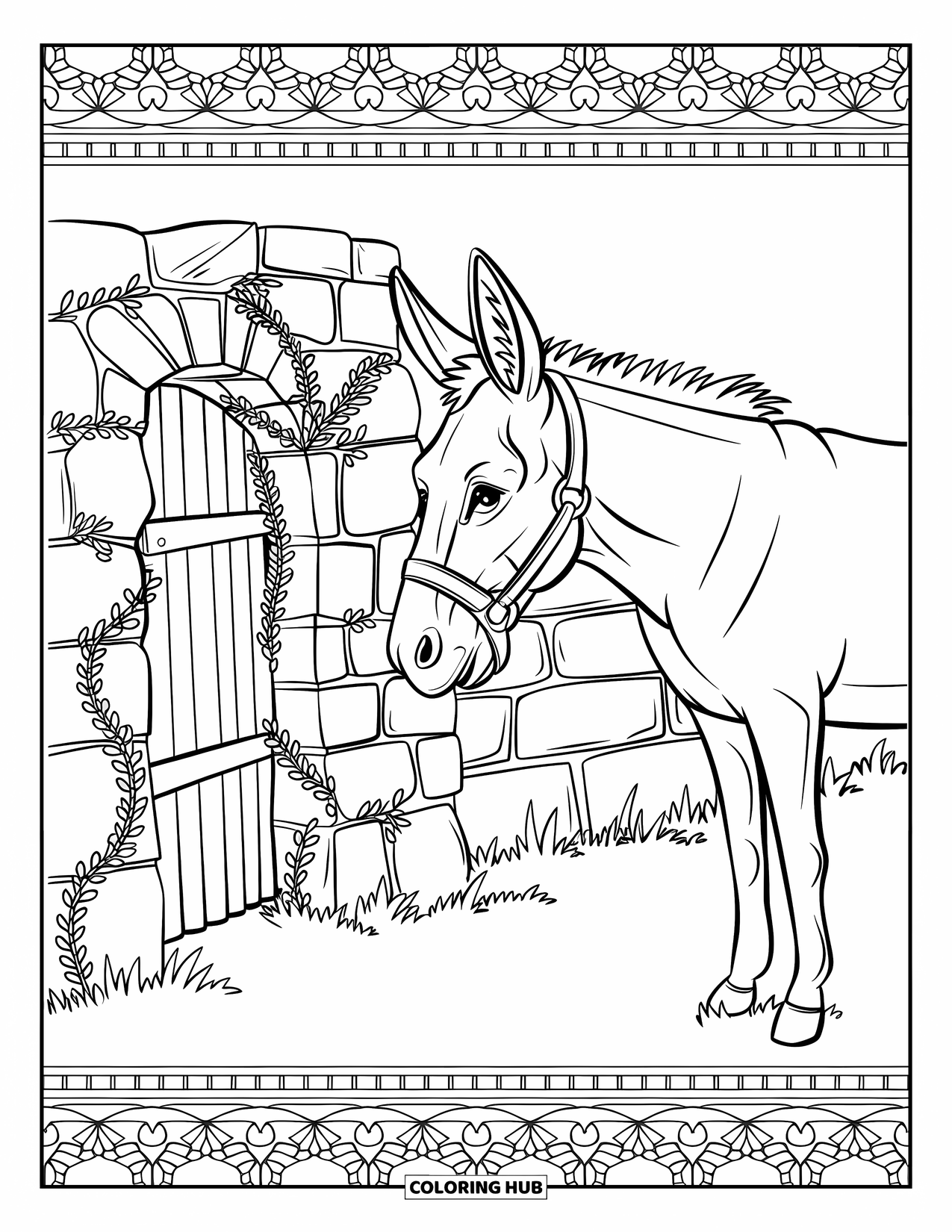 Desenho de burro para colorir para adultos: Um burro com um sino no pescoço está perto de um muro de pedra envolto em cipós frondosos