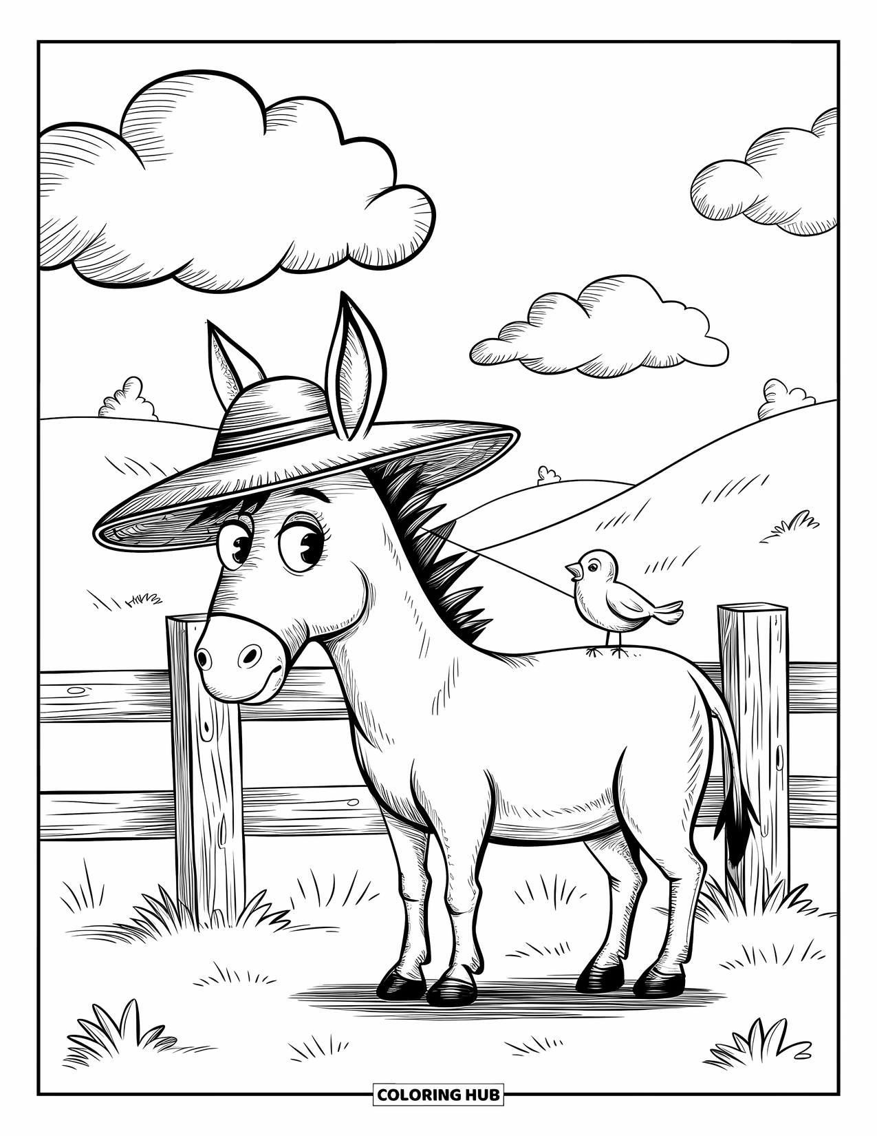 Desenho de Burro para Colorir para Adultos: Um burro com um pássaro nas costas está perto de uma cerca de madeira