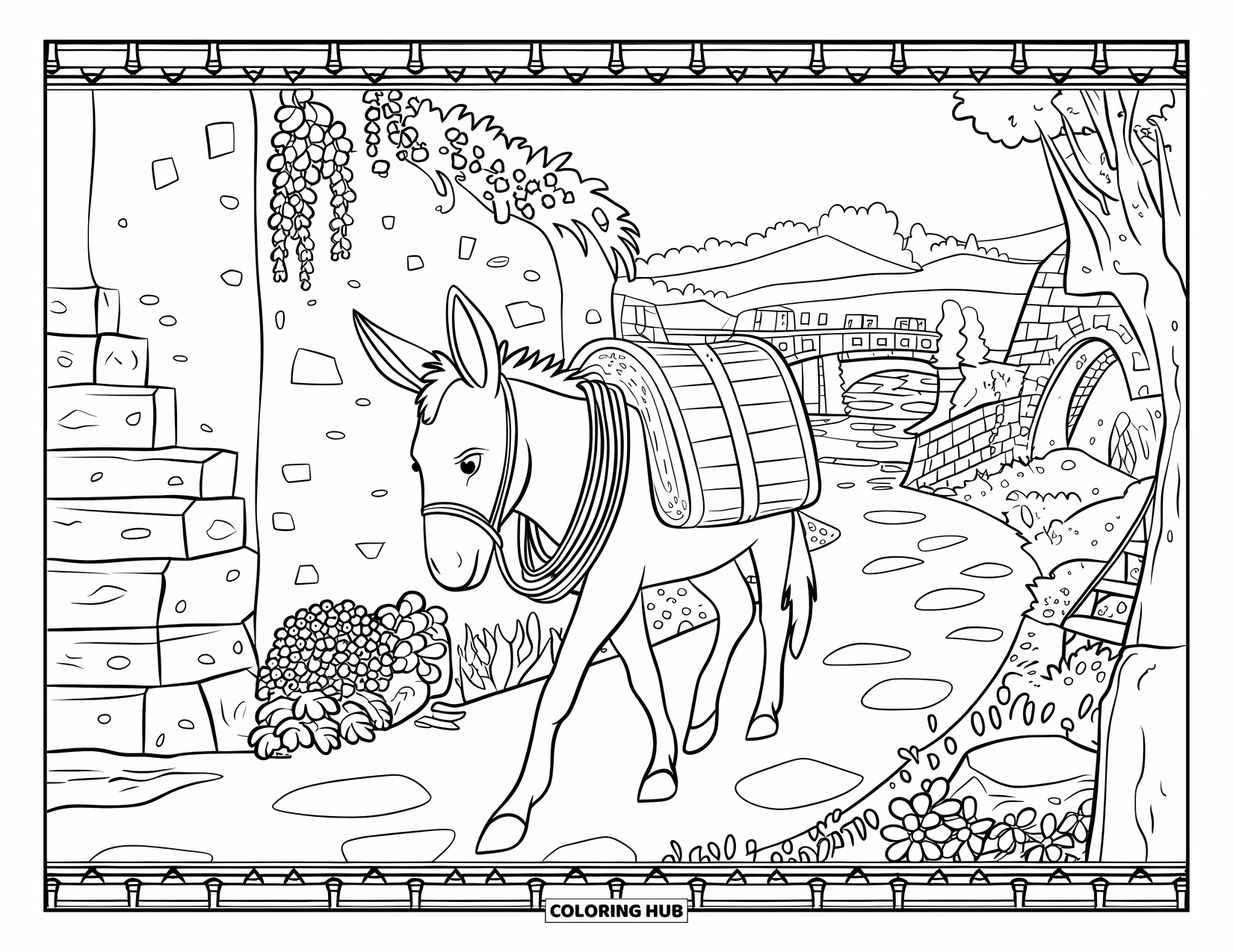 Desenho de burro para colorir para adultos: Um burro com uma mochila caminha por uma estrada de aldeia, cercado por charmosas casas rústicas