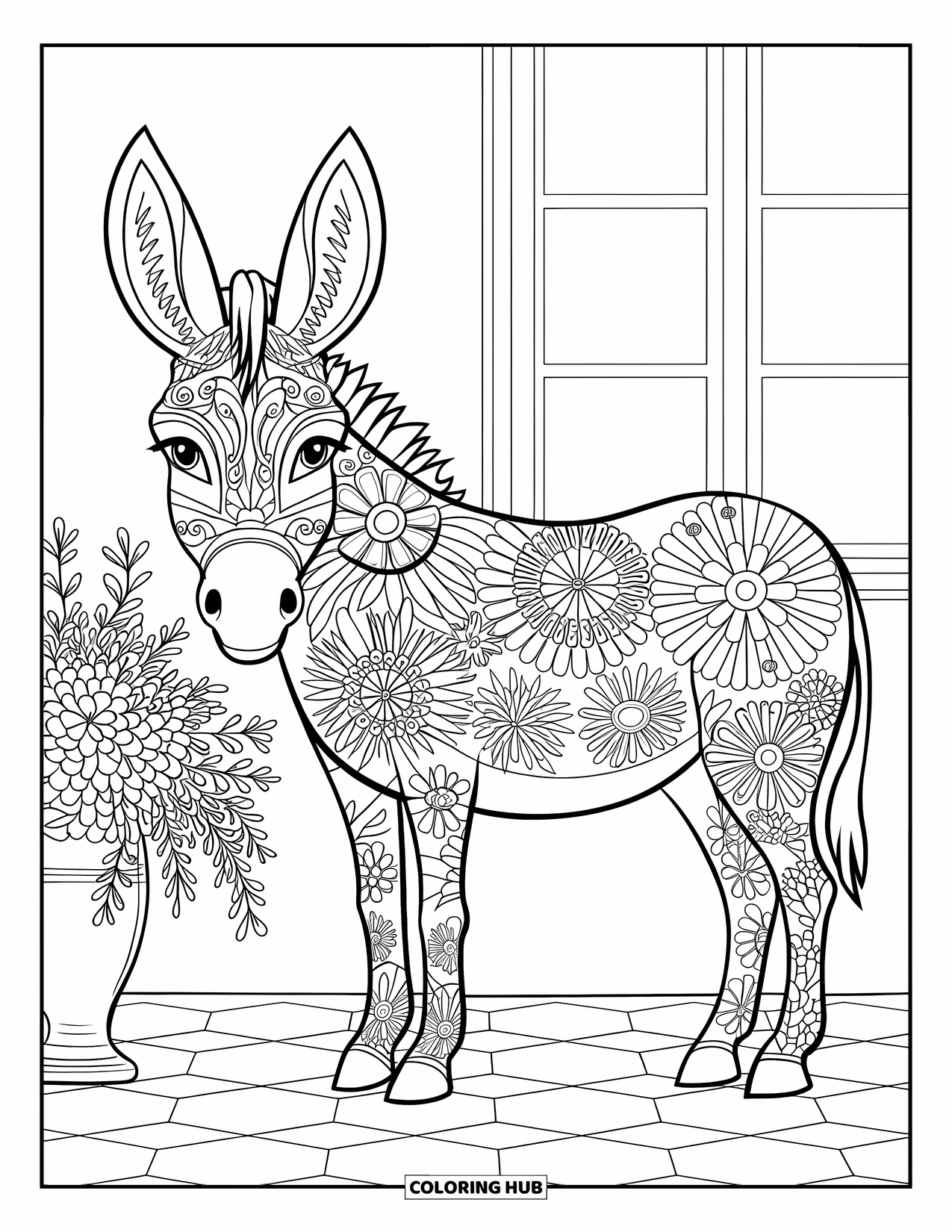 Desenho de burro para colorir para adultos: Um burro com detalhes florais artísticos está em uma paisagem de folhas rodopiantes e grama estampada