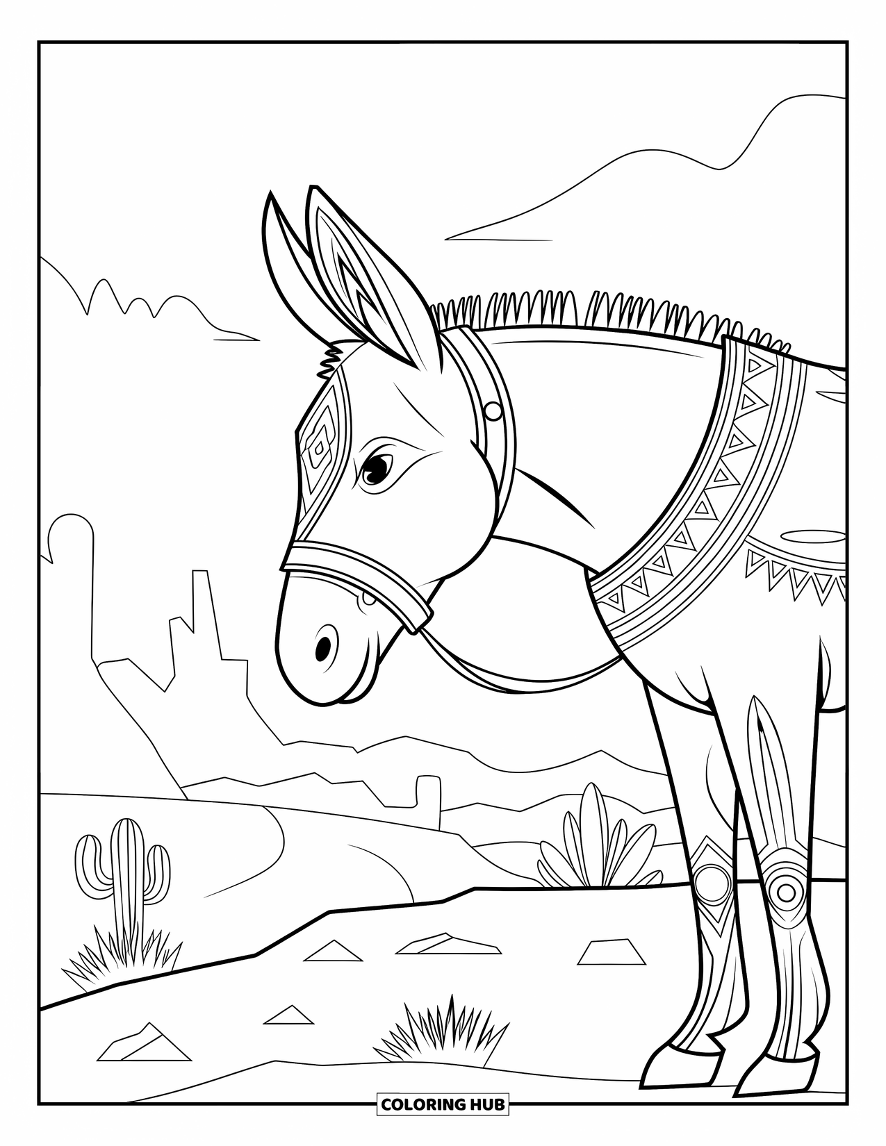 Desenho de burro para colorir para adultos: Um burro com designs ousados de inspiração tribal está contra um fundo texturizado