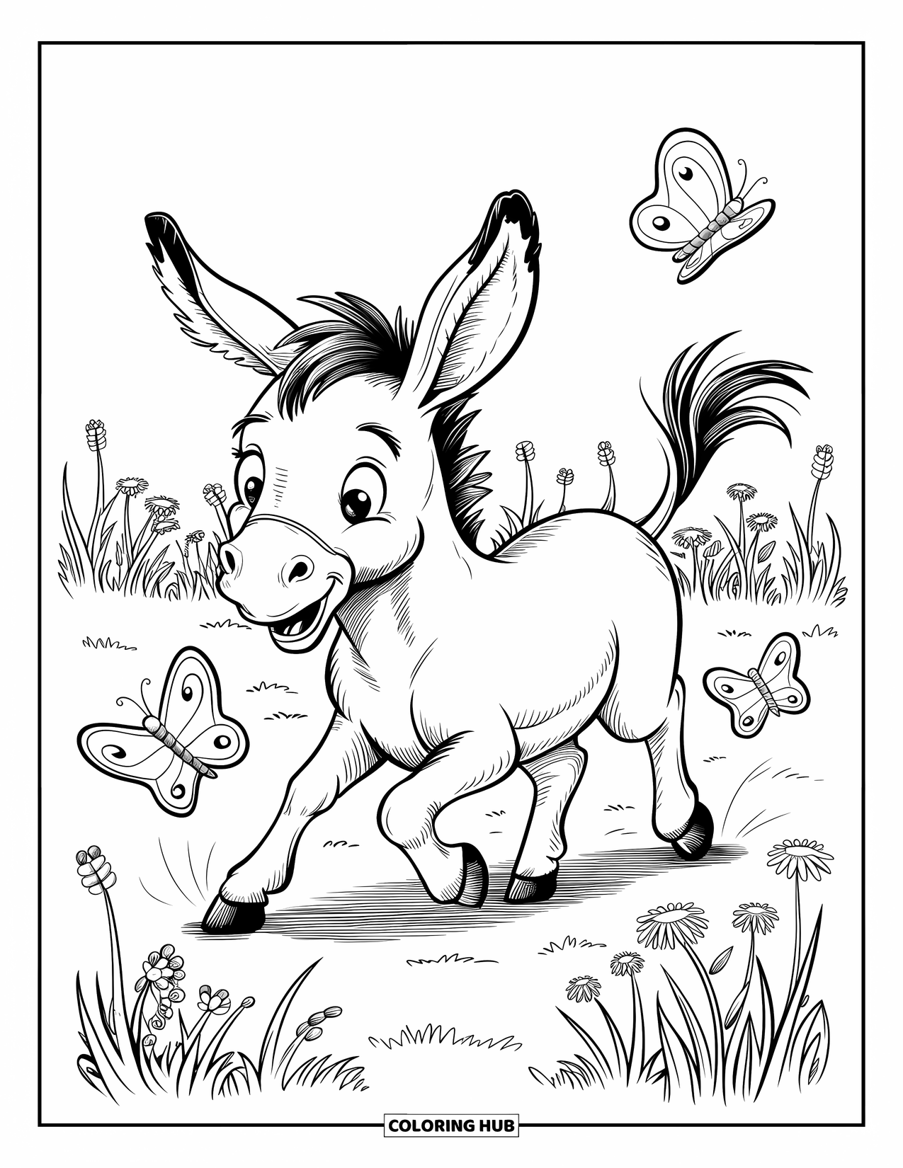Desenho de Burro para Colorir para Adultos: Um burro com orelhas levantadas corre atrás de borboletas em um campo de flores silvestres
