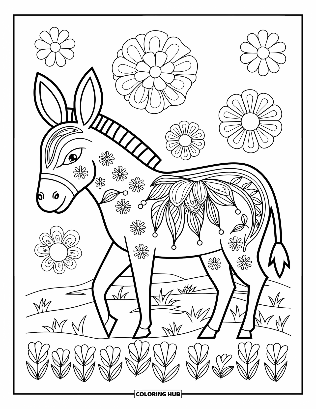 Desenho de burro para colorir para adultos: Um burro com padrão floral está em um chão quadriculado ao lado de um vaso decorativo