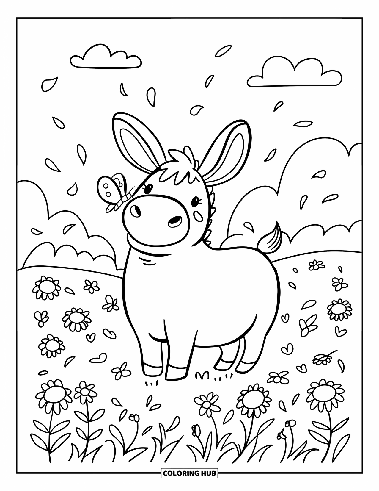 Desenho de burro para colorir para adultos: Um burro fofo olha curiosamente para uma borboleta pousada em seu nariz