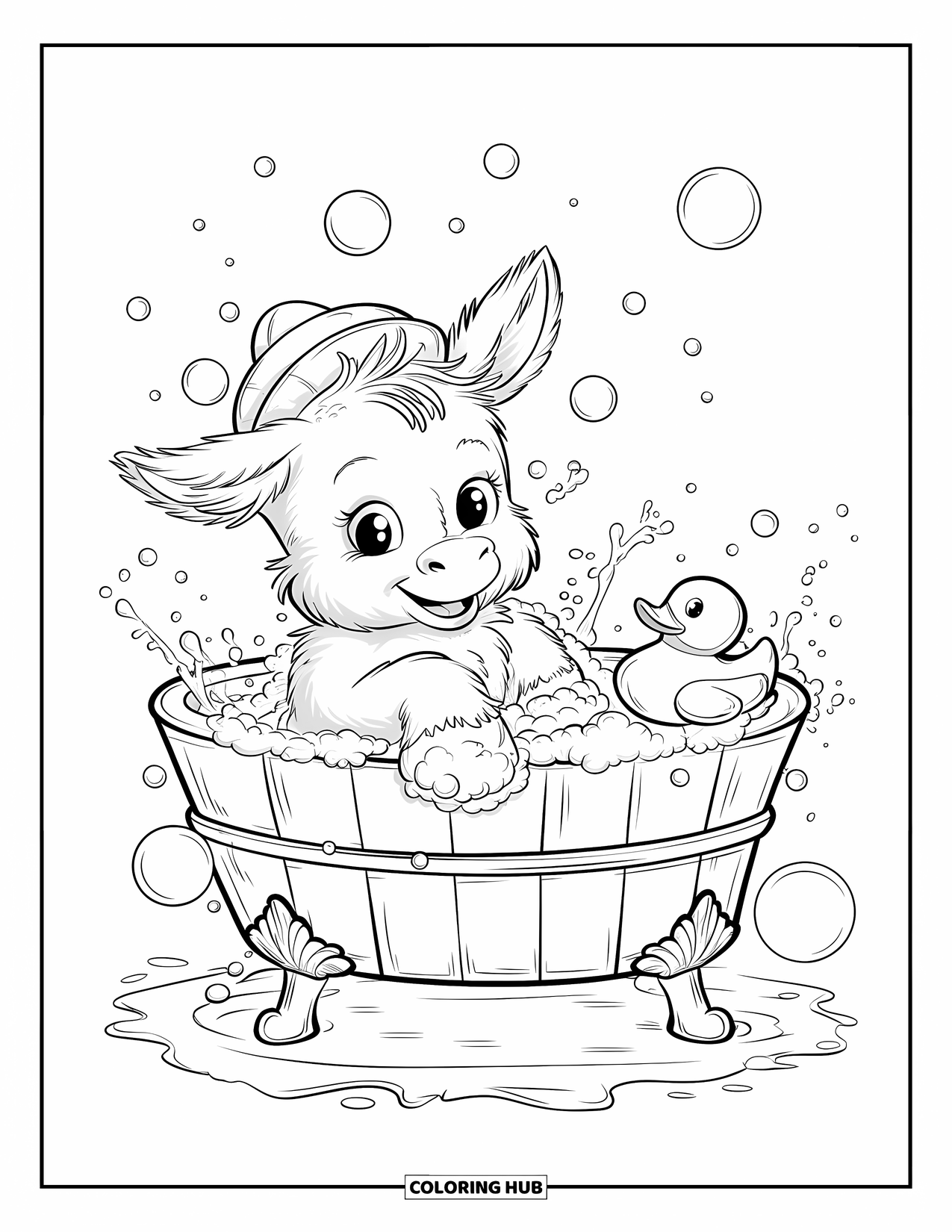 Desenho de burro para colorir para adultos: Um burro fofo relaxa em uma banheira de madeira enquanto um patinho de borracha flutua por perto
