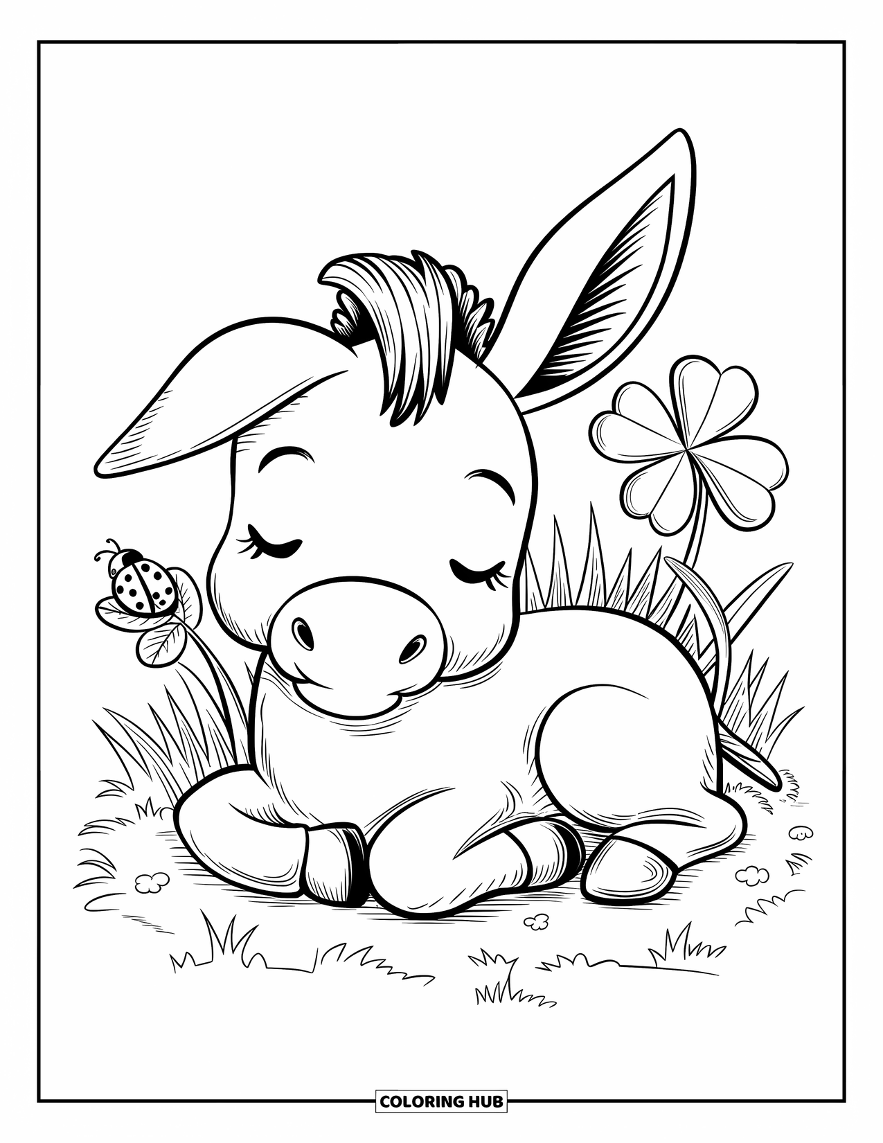 Desenho de Burro para Colorir para Adultos: Um burro sonolento descansa em um trevo com uma orelha caída