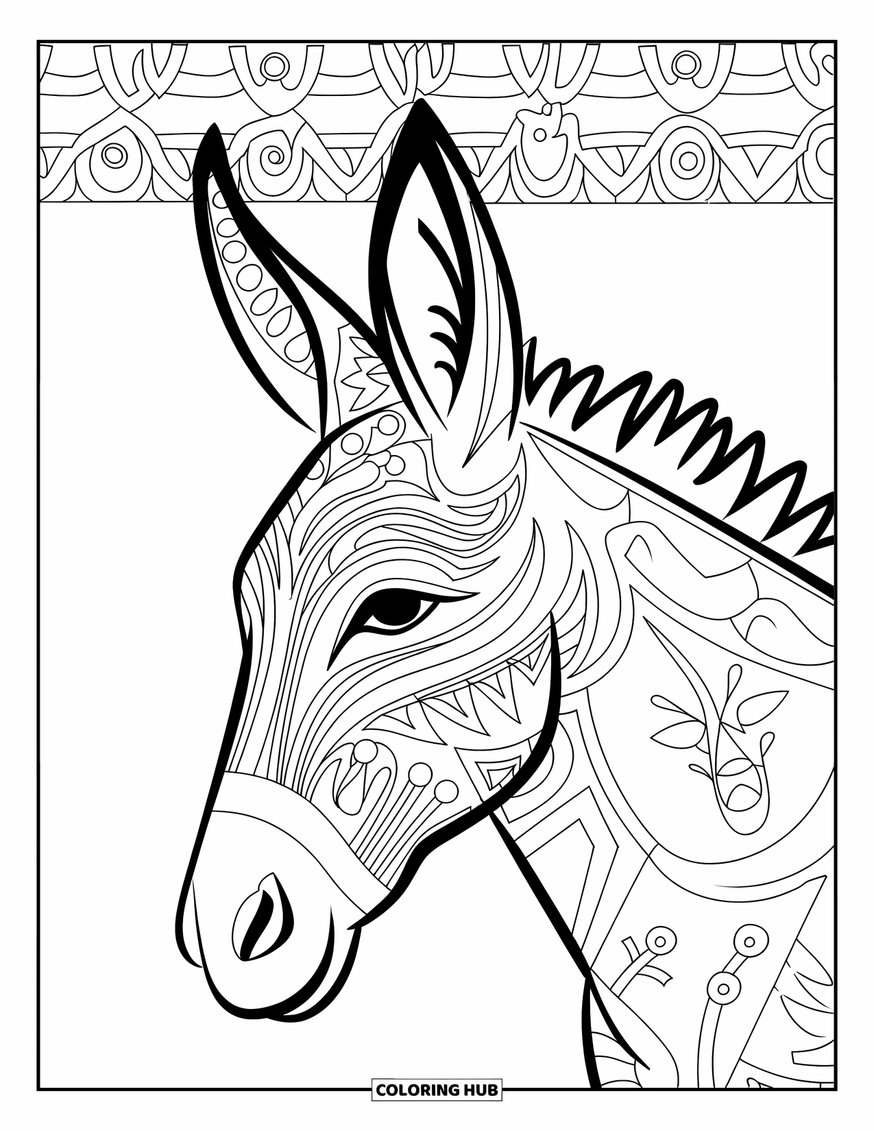 Desenho de burro para colorir para adultos: Um burro estilizado decorado com arte linear tribal está em uma paisagem rica e estampada