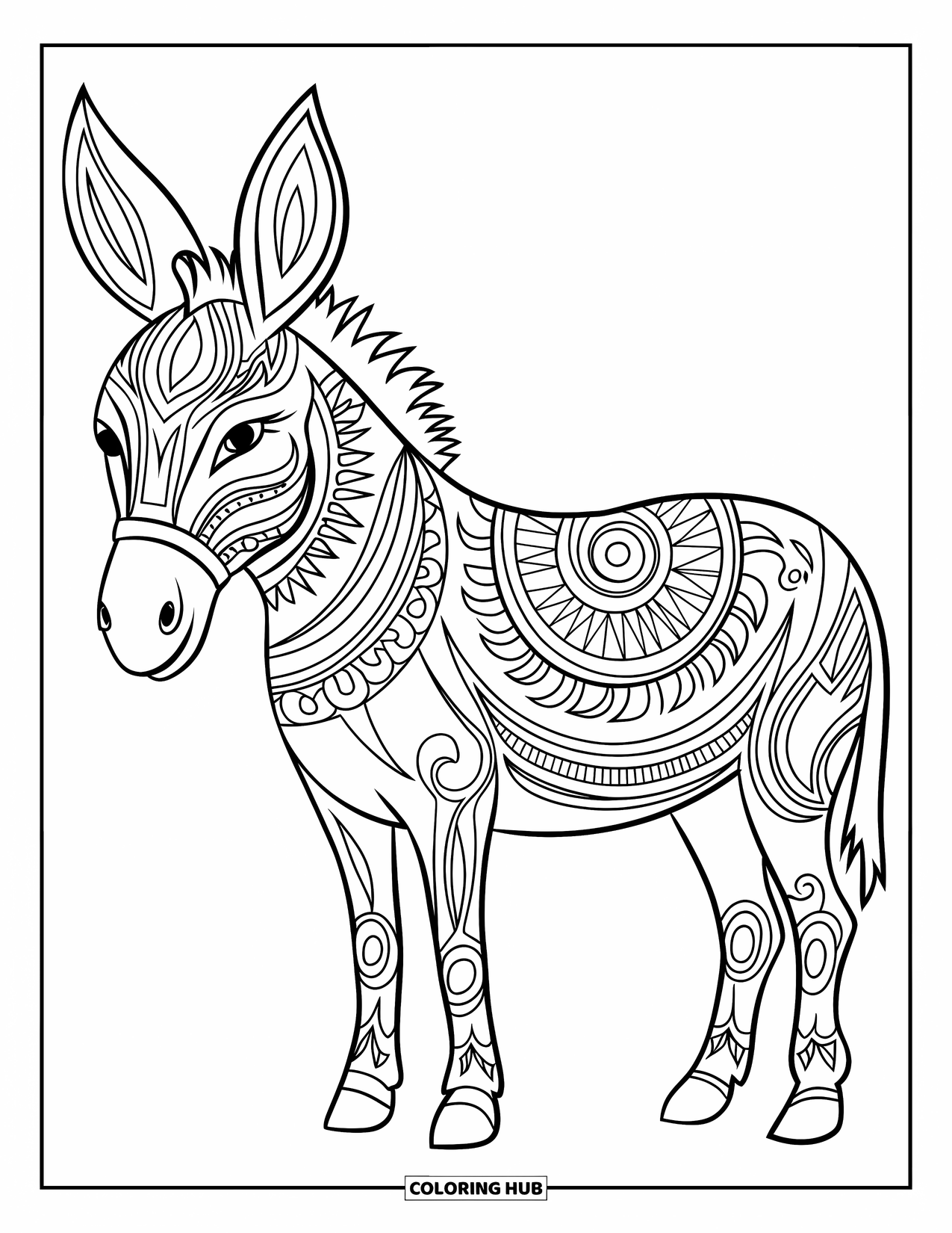 Desenho de burro para colorir para adultos: Um burro estilizado é adornado com padrões tribais, em pé sobre um terreno intrincadamente desenhado