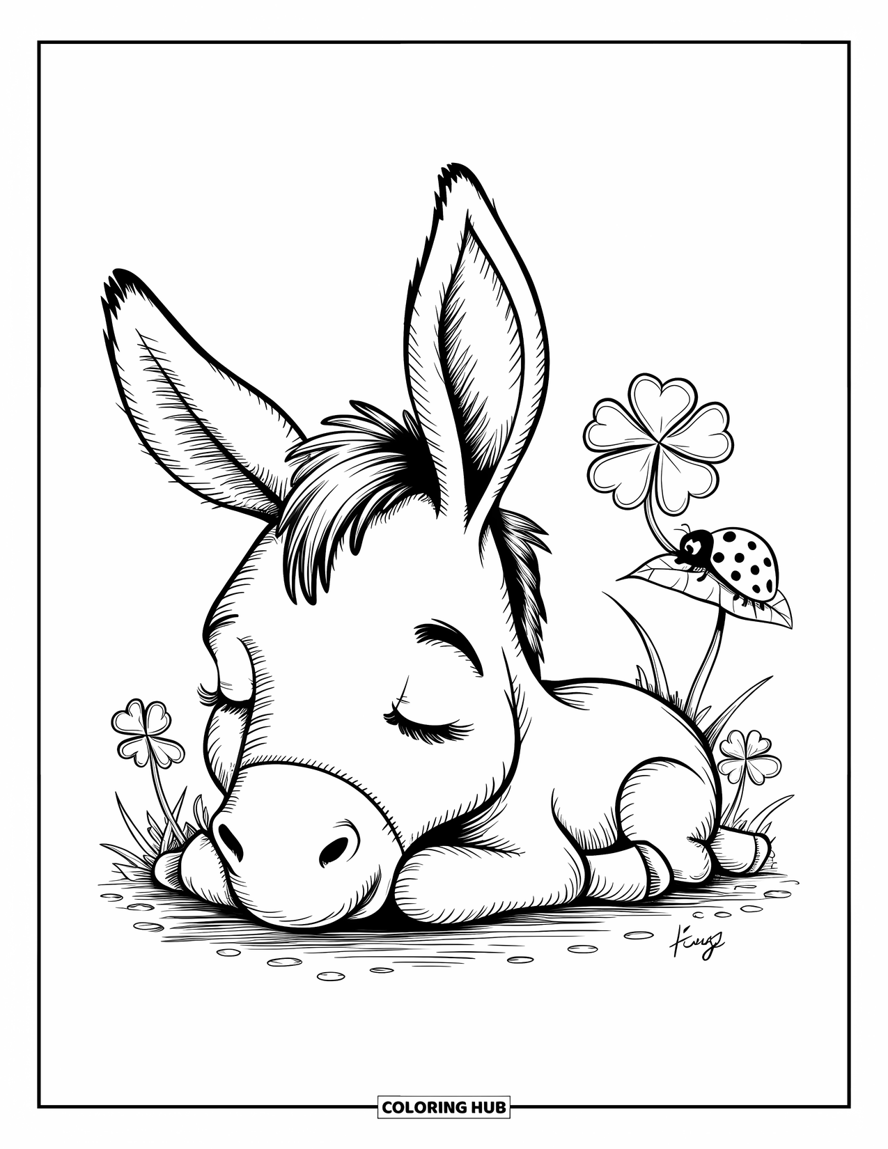 Desenho de Burro para Colorir para Adultos: Um burro cansado descansa perto de um trevo de quatro folhas e uma joaninha minúscula