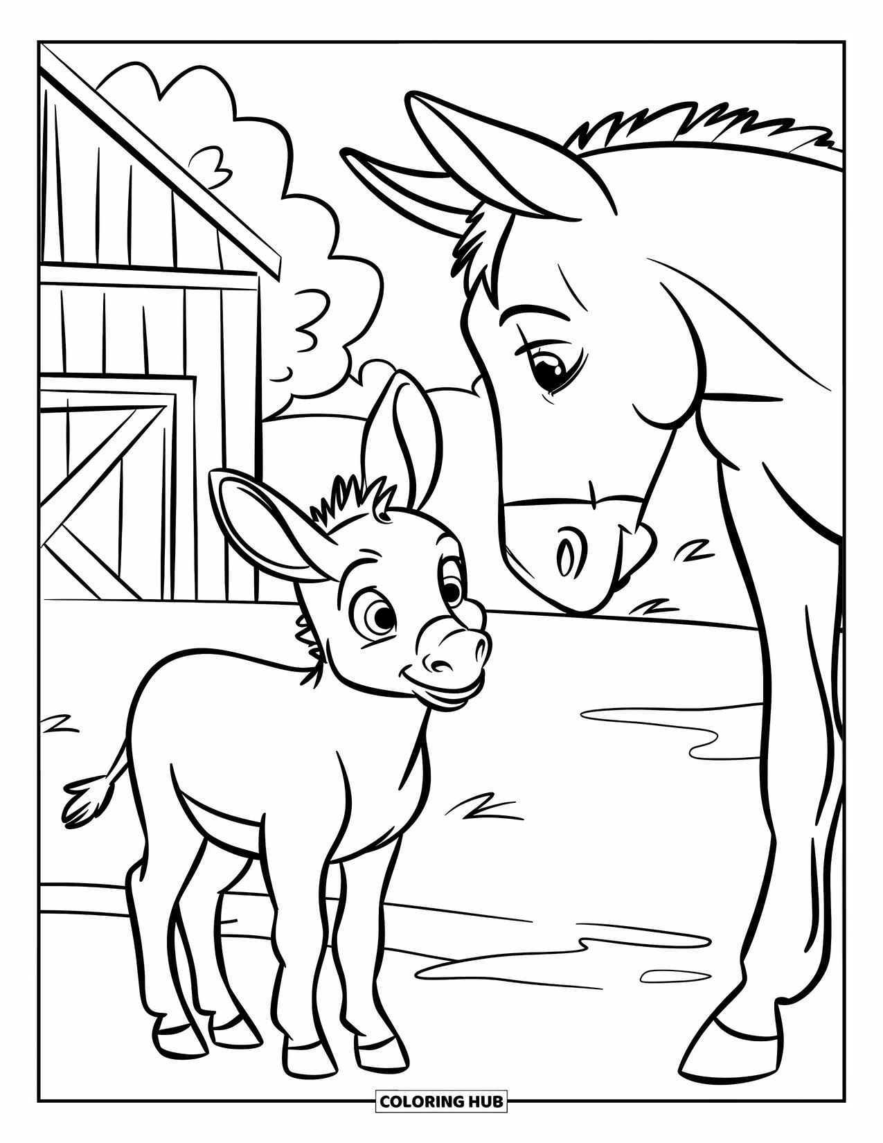 Desenho de Burro para Colorir para Crianças: Um burrinho está ao lado de sua mãe em um pátio de fazenda simples com um celeiro vermelho