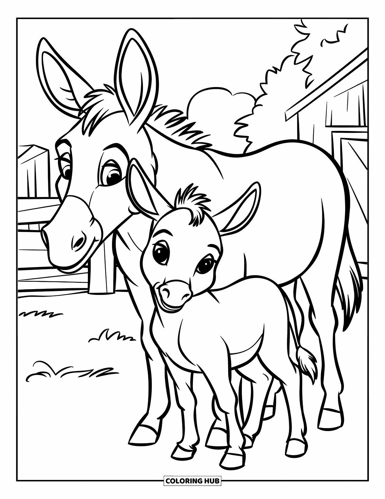 Desenho de Burro para Colorir para Crianças: Um burrinho está em uma pilha de feno enquanto sua mãe observa em um pátio tranquilo
