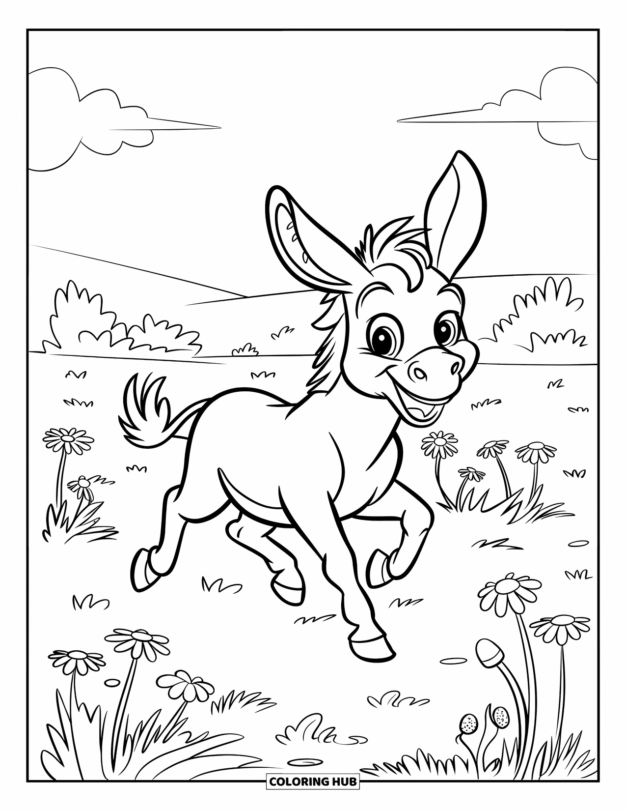 Desenho de Burro para Colorir para Crianças: Um burro alegre galopa por uma pastagem verde, aproveitando o espaço aberto ensolarado