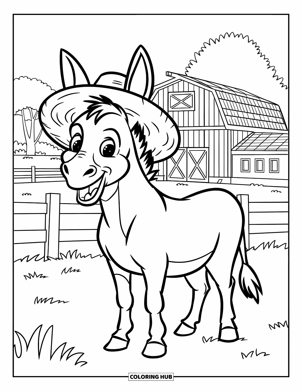 Desenho de Burro para Colorir para Crianças: Um burro alegre está perto de um celeiro, cercado por grama verde exuberante e árvores