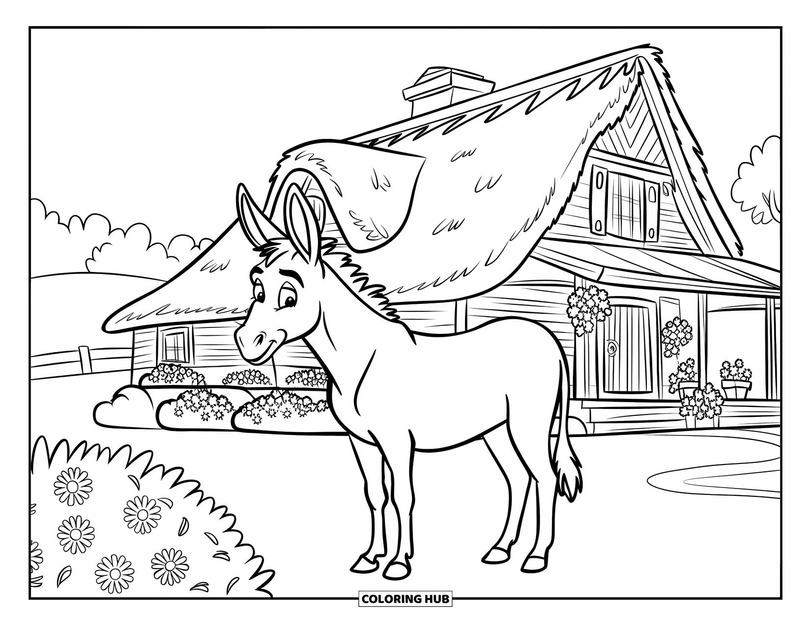 Desenho de Burro para Colorir para Crianças: Um burro alegre está do lado de fora de uma casa de fazenda, cercado por vasos de flores e colinas
