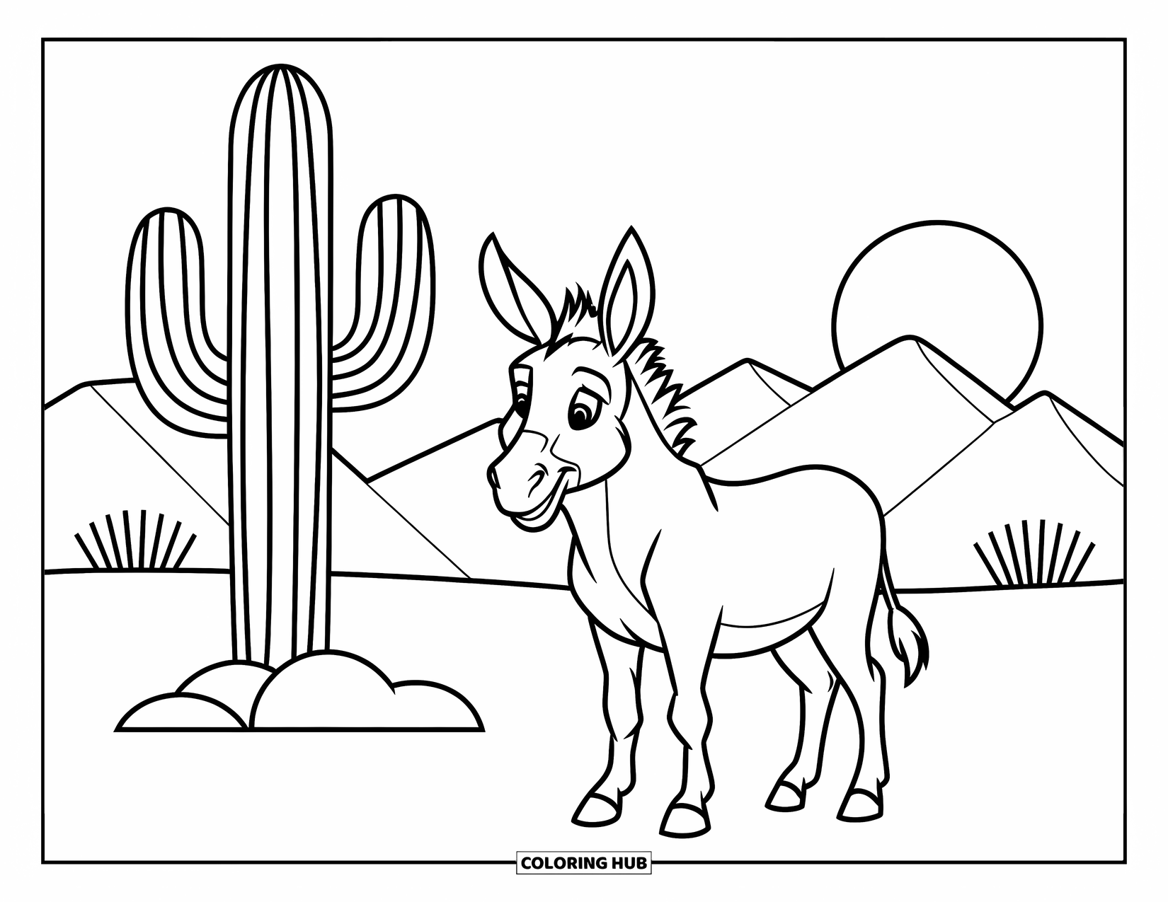 Desenho de Burro para Colorir para Crianças: Um burro do deserto está orgulhosamente com um cacto enquanto o sol se põe sobre montanhas distantes