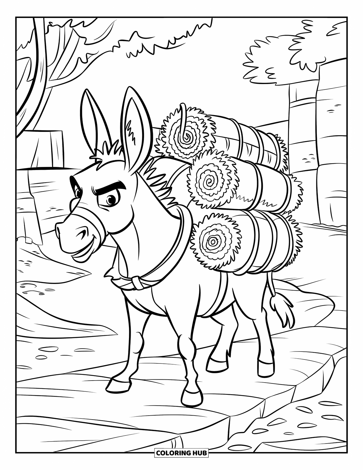 Desenho de Burro para Colorir para Crianças: Um burro determinado carregado com suprimentos caminha em um caminho rochoso em direção a árvores distantes