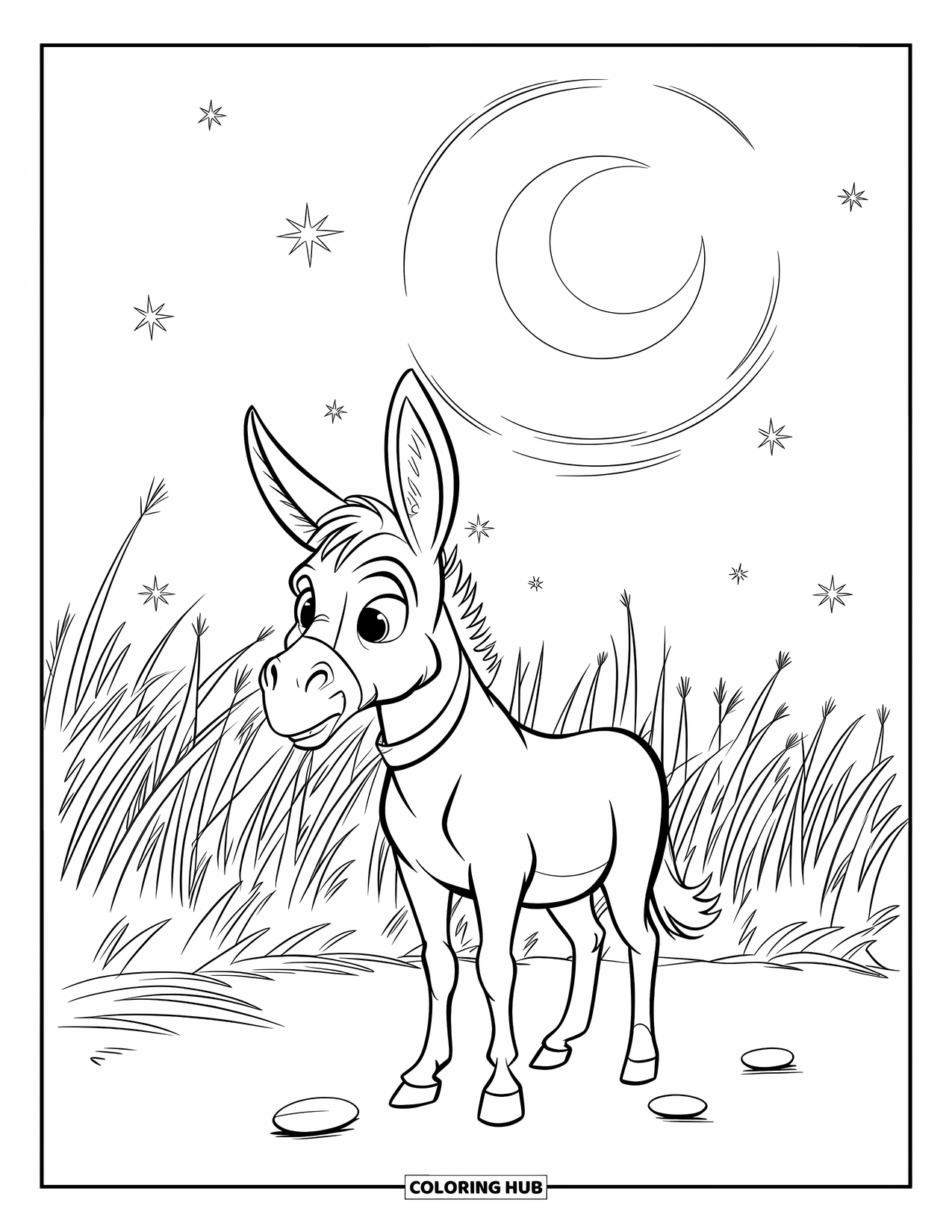 Desenho de Burro para Colorir para Crianças: Um burro determinado sob a lua está em um campo tranquilo cercado por gramíneas altas