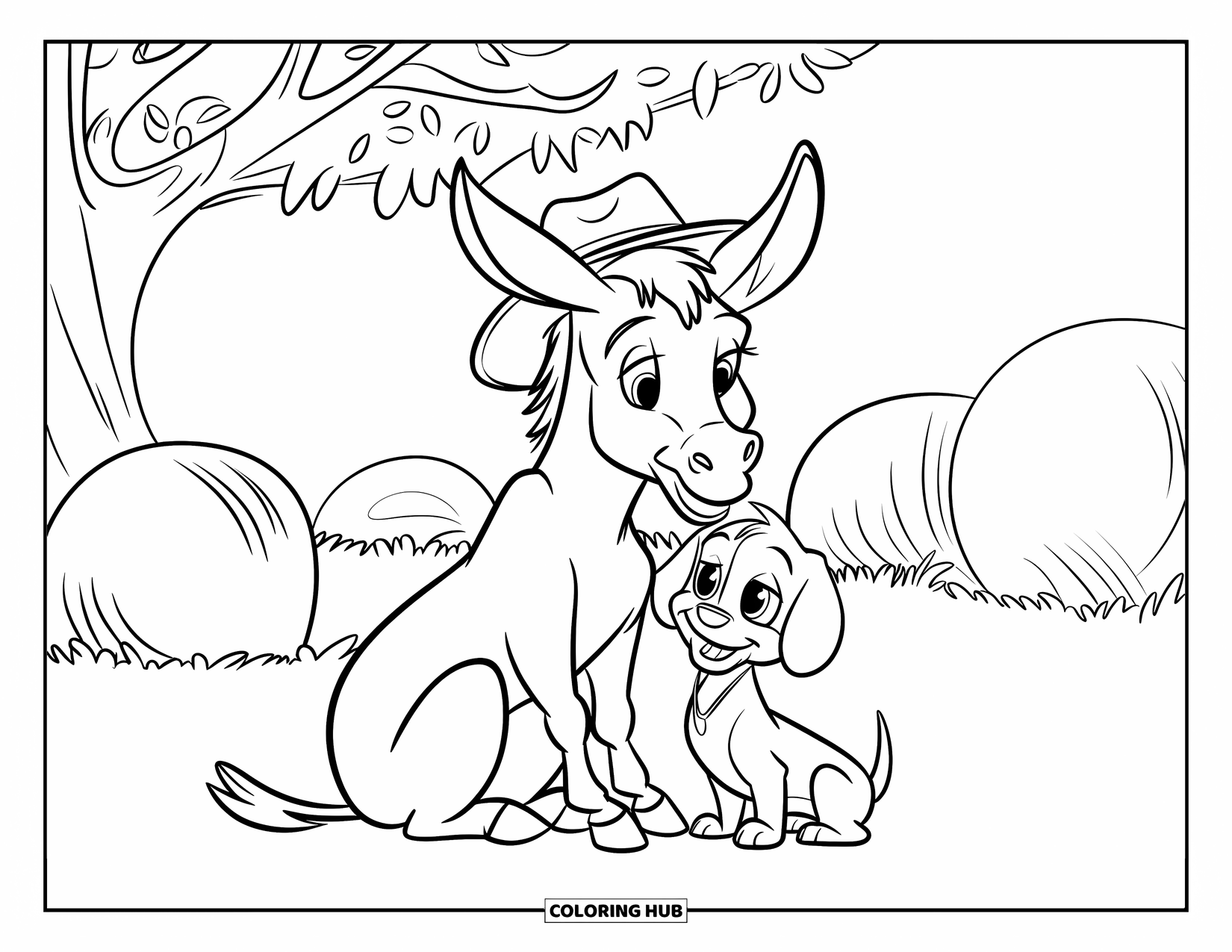 Desenho de Burro para Colorir para Crianças: Um burro e um cachorrinho relaxam à sombra de uma grande árvore em um prado tranquilo