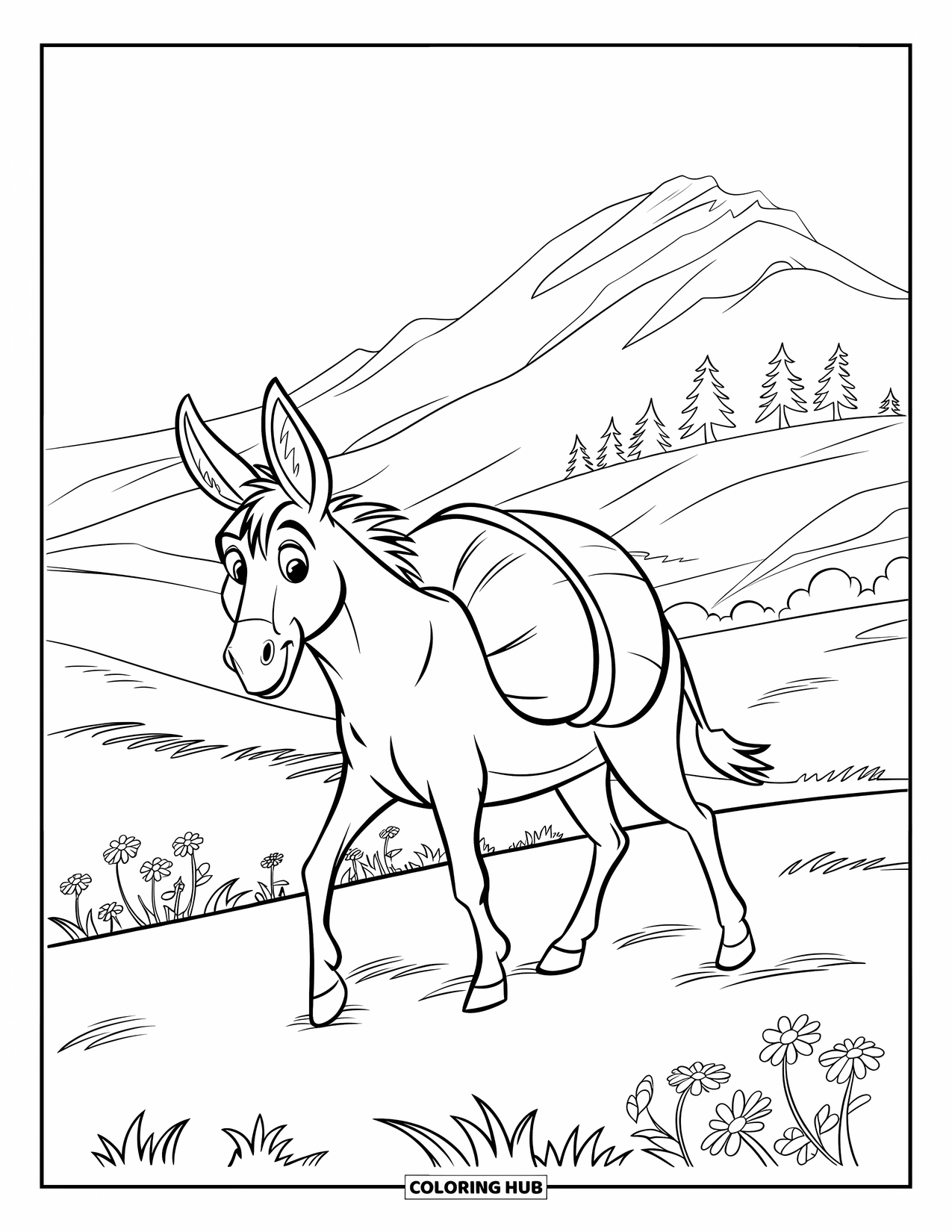 Desenho de Burro para Colorir para Crianças: Um burro carregando um fardo caminha por um campo com flores silvestres perto de um pico rochoso