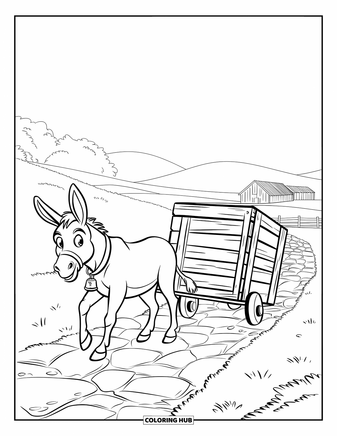 Desenho de Burro para Colorir para Crianças: Um burro carregando uma caixa segue um caminho pedregoso em direção a um celeiro cercado por árvores