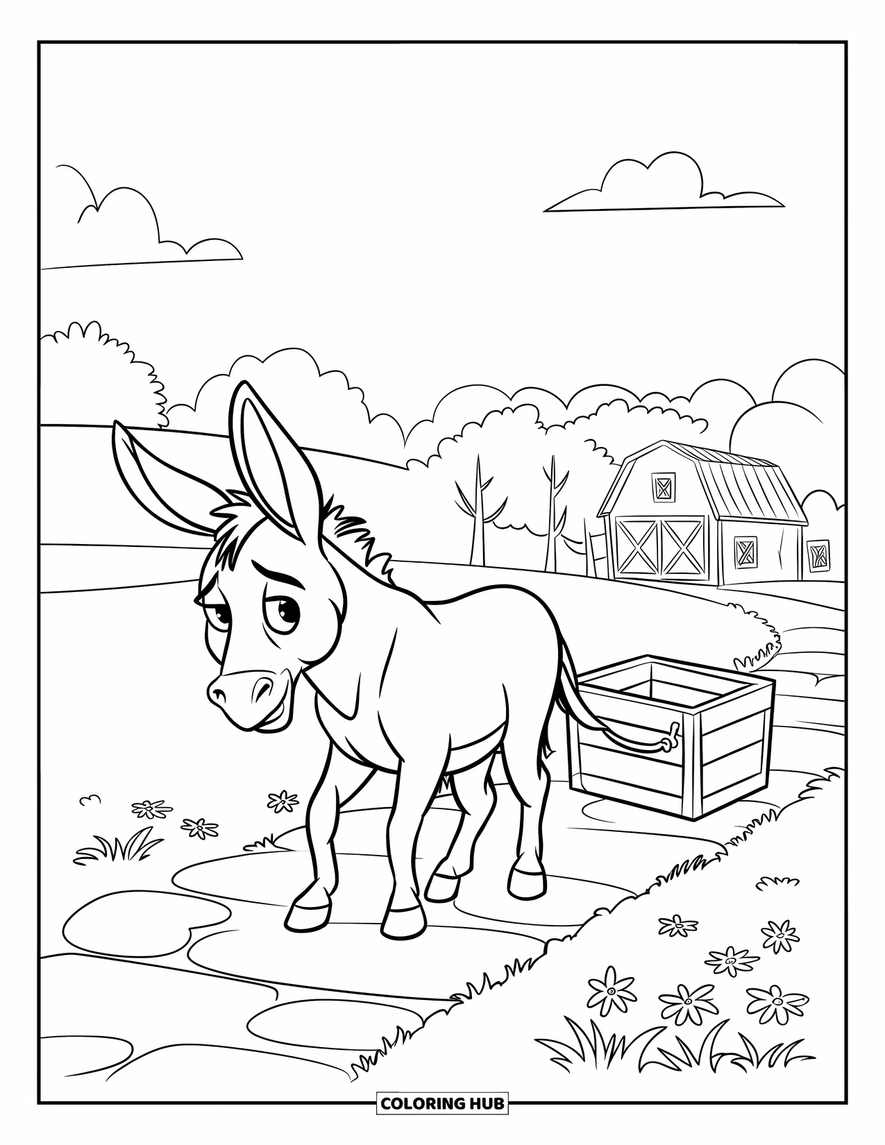 Desenho de Burro para Colorir para Crianças: Um burro arrasta uma caixa de madeira ao longo de um caminho de pedra que leva a uma fazenda distante