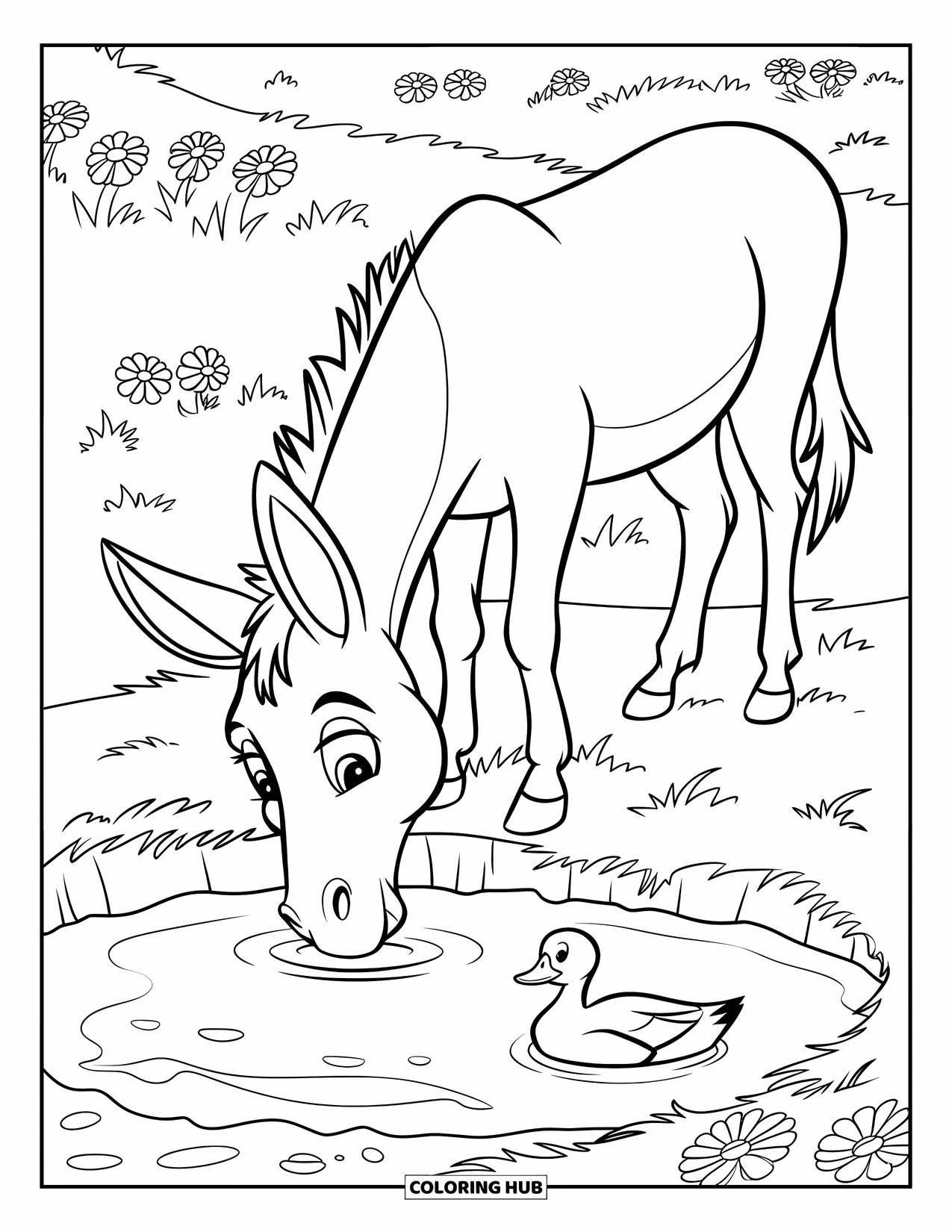 Desenho de Burro para Colorir para Crianças: Um burro bebe pacificamente de um lago cercado por árvores exuberantes e flores silvestres