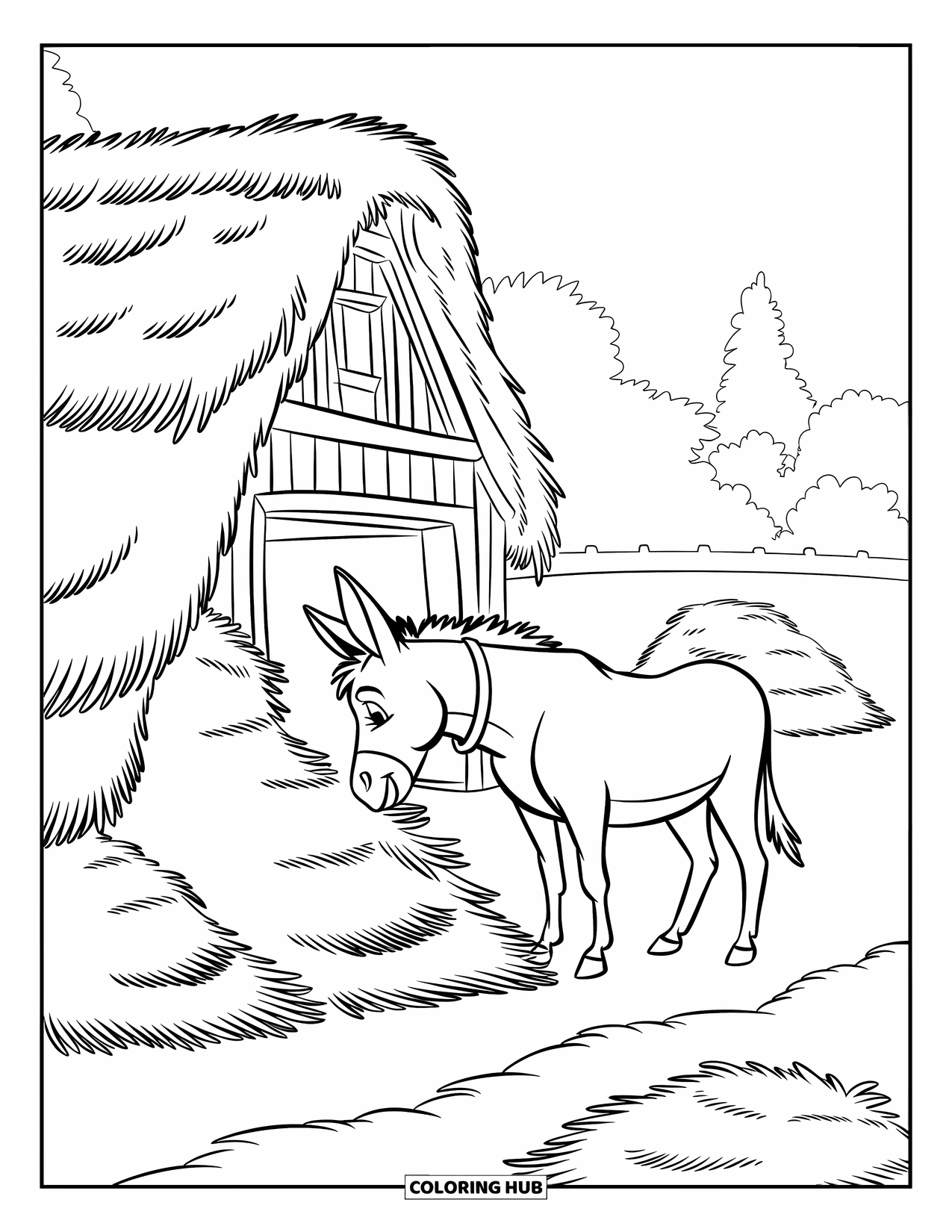 Desenho de Burro para Colorir para Crianças: Um burro desfruta de feno fresco ao lado de um celeiro enquanto galinhas ciscam ao redor do pátio