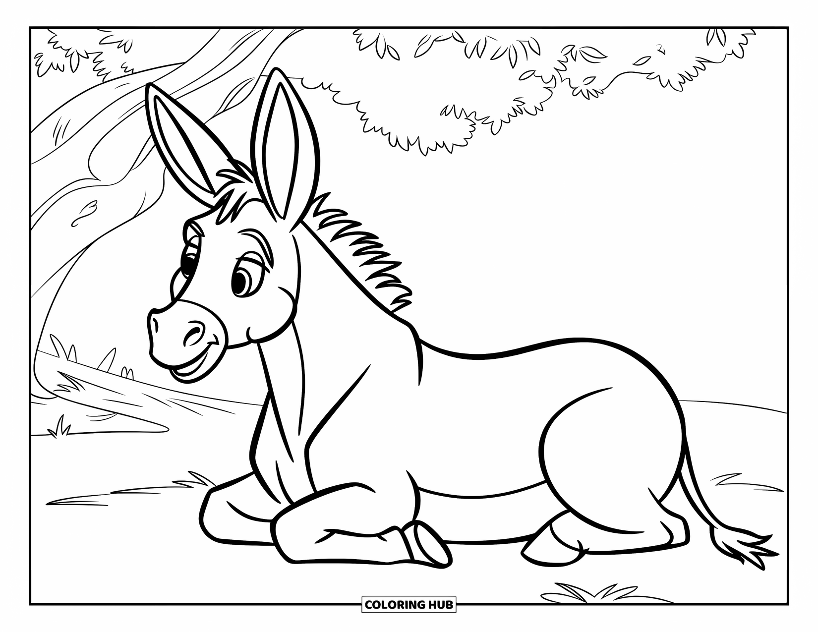 Desenho de Burro para Colorir para Crianças: Um burro cochila sob uma grande árvore enquanto nuvens suaves flutuam pelo céu brilhante