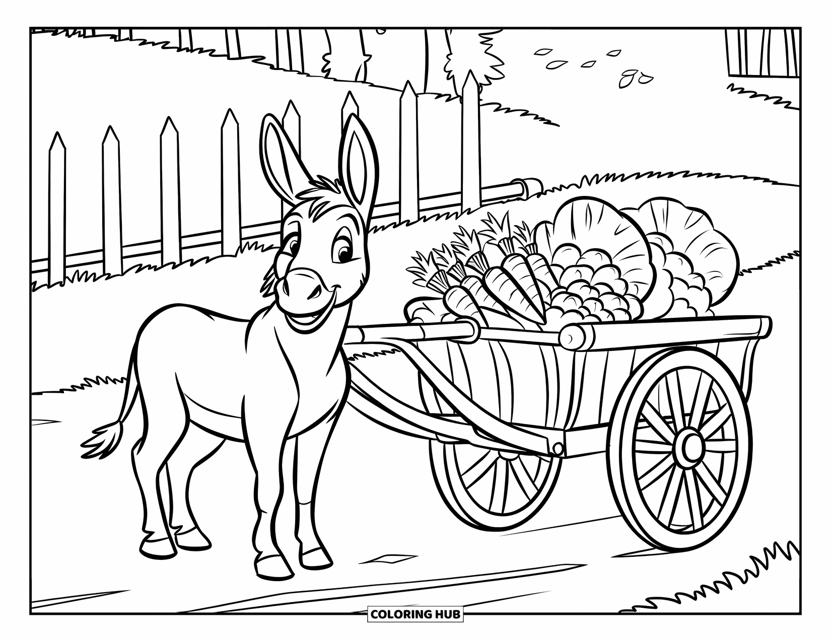 Desenho de Burro para Colorir para Crianças: Um burro perto de uma carroça empilhada com vegetais descansa ao lado de uma cerca de madeira em uma estrada de terra