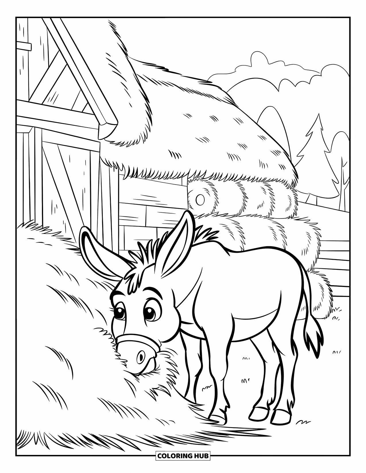Desenho de Burro para Colorir para Crianças: Um burro perto de um palheiro come feliz enquanto pássaros se empoleiram em uma cerca de madeira nas proximidades