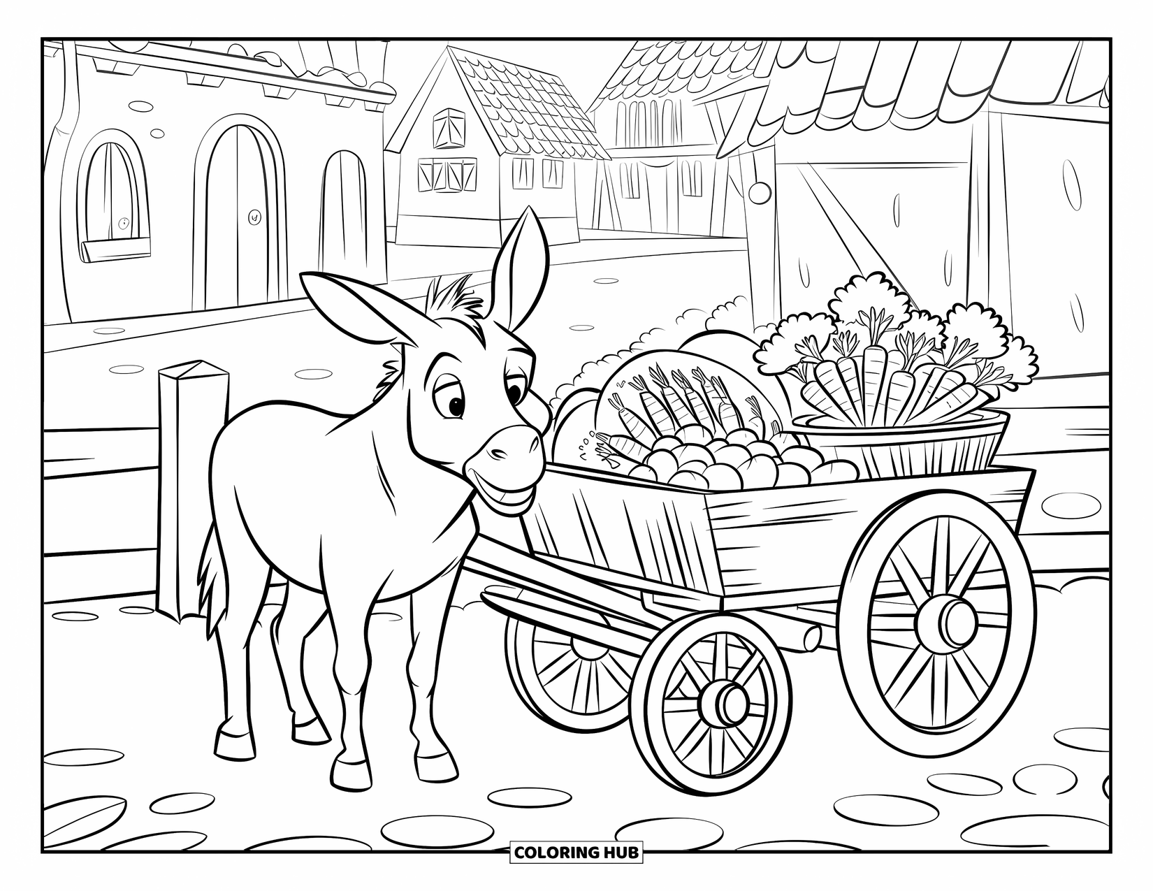 Desenho de Burro para Colorir para Crianças: Um burro perto de uma carroça de madeira carregada de vegetais está ao lado de uma estrada da vila