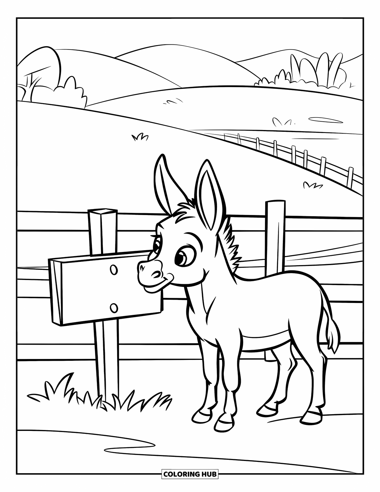 Desenho de Burro para Colorir para Crianças: Um burro ao lado de uma placa de fazenda observa os campos ondulados e as cercas de madeira à frente