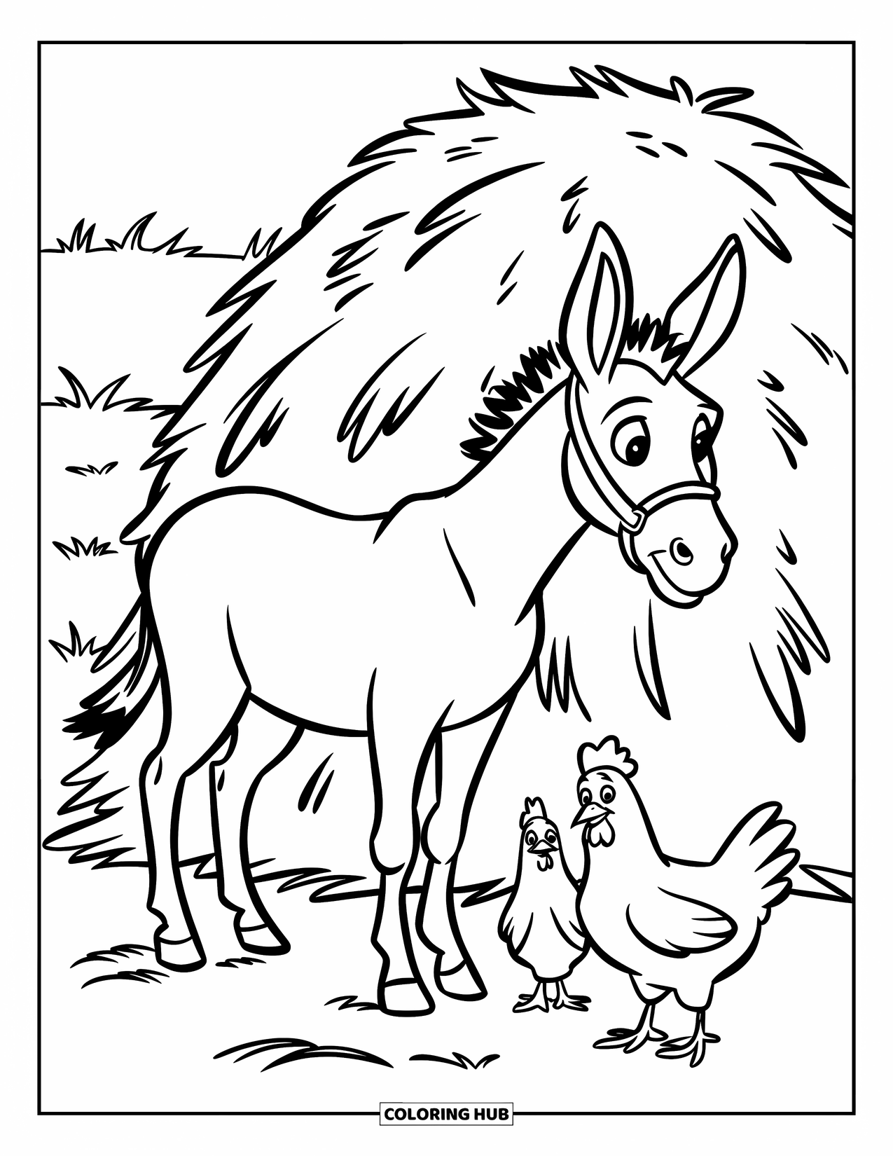 Desenho de Burro para Colorir para Crianças: Um burro descansa perto de uma pilha de feno enquanto galinhas vagam em um pátio gramado