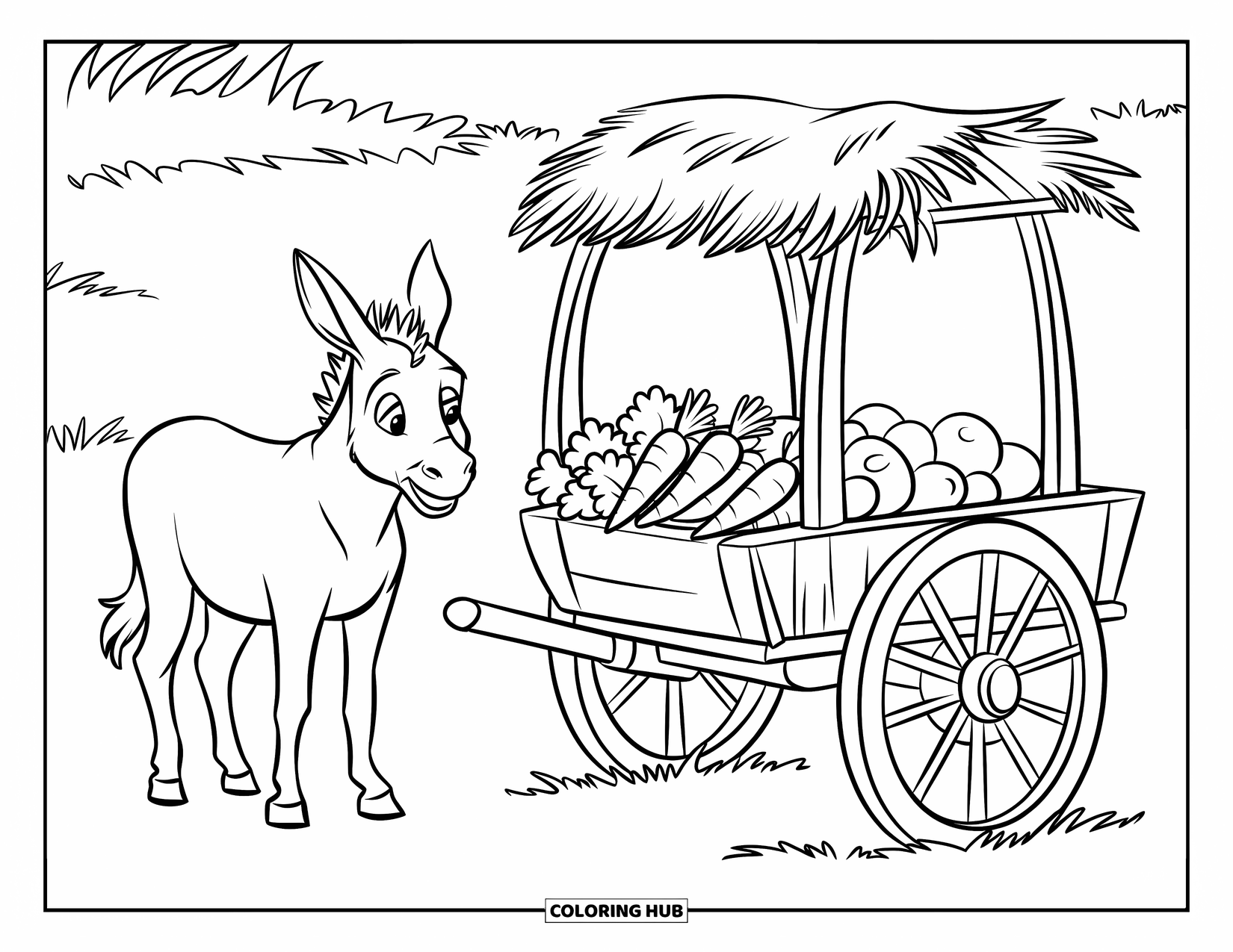 Desenho de Burro para Colorir para Crianças: Um burro está ao lado de uma carroça de fazendeiro cheia de cestas de cenouras e alface