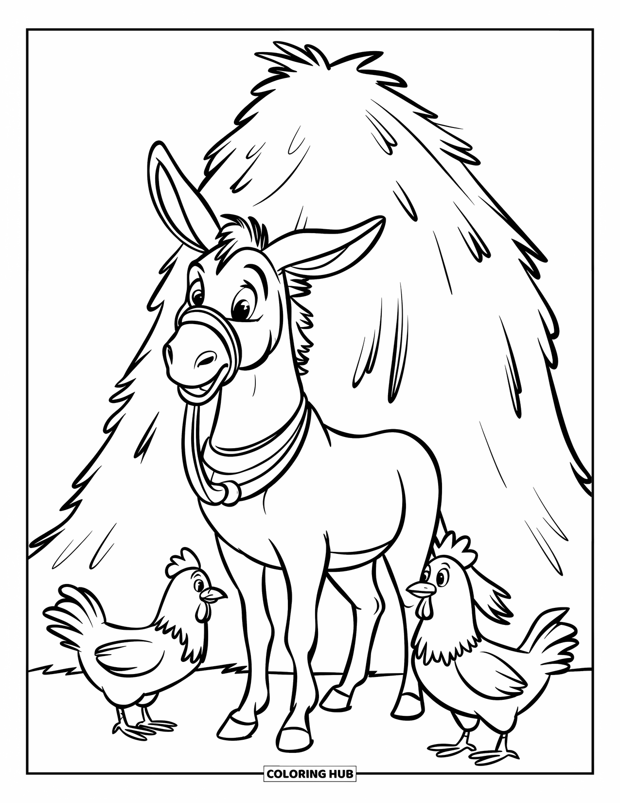Desenho de Burro para Colorir para Crianças: Um burro está ao lado de uma pilha de feno, observando galinhas ciscando no chão em um pátio