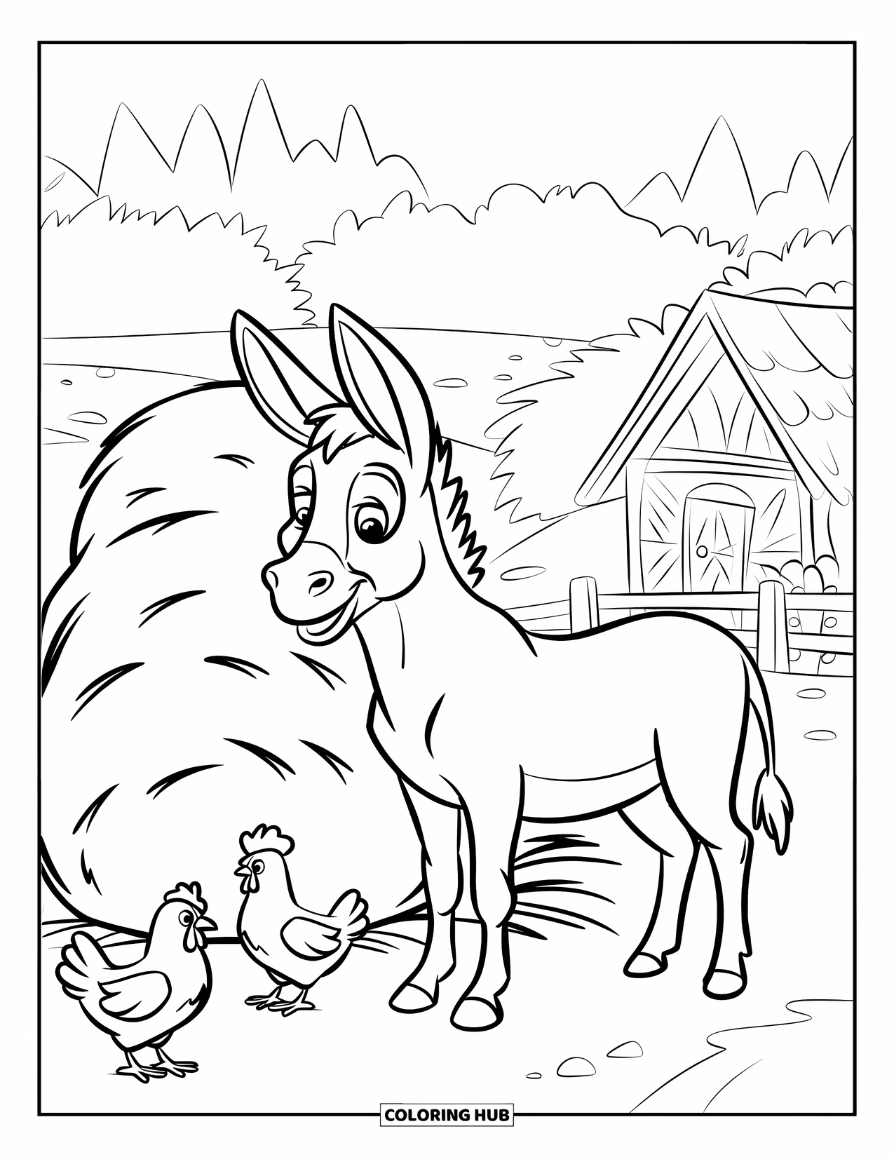 Desenho de Burro para Colorir para Crianças: Um burro está ao lado de um palheiro com duas galinhas ciscando perto de seus cascos