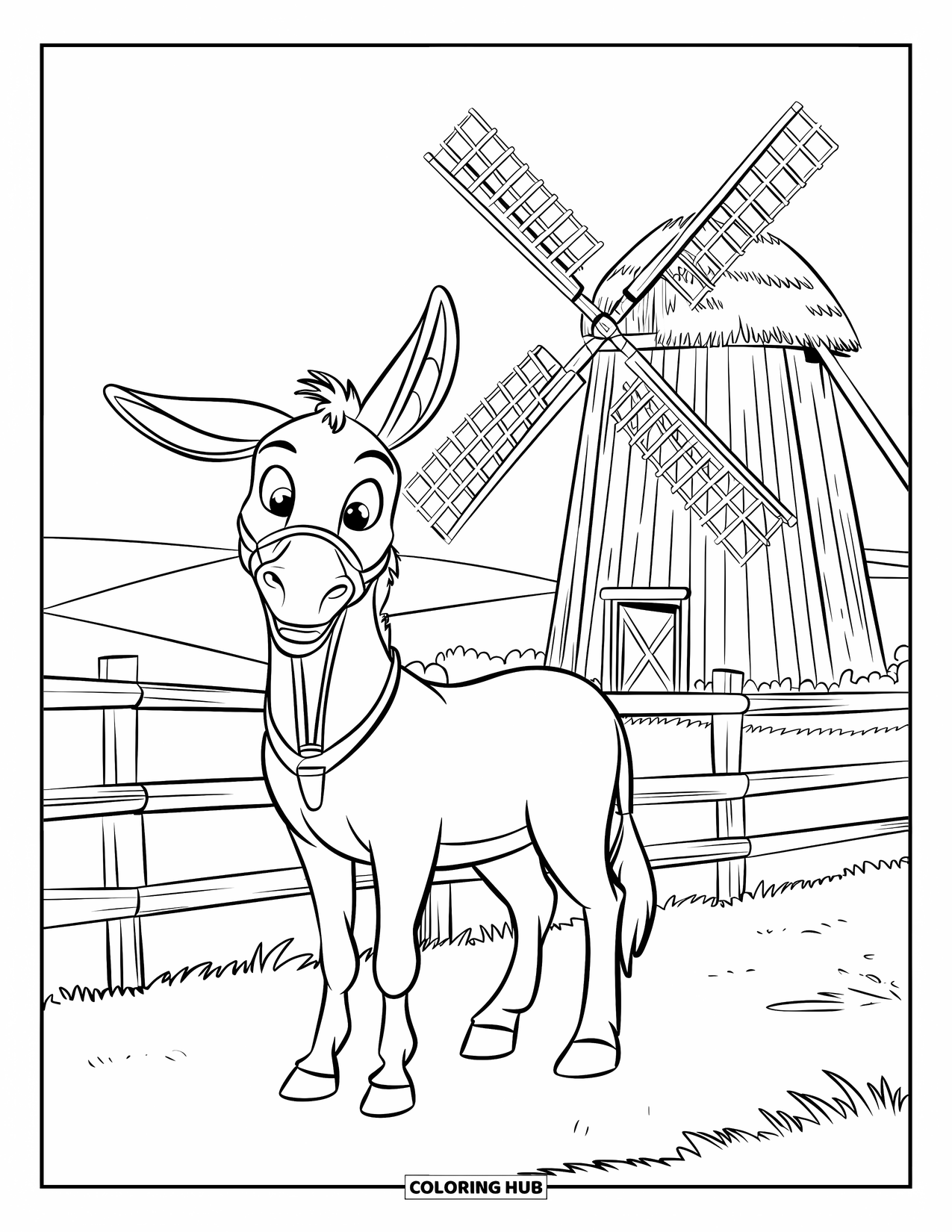 Desenho de Burro para Colorir para Crianças: Um burro está dentro de uma área cercada com um moinho de vento girando à distância