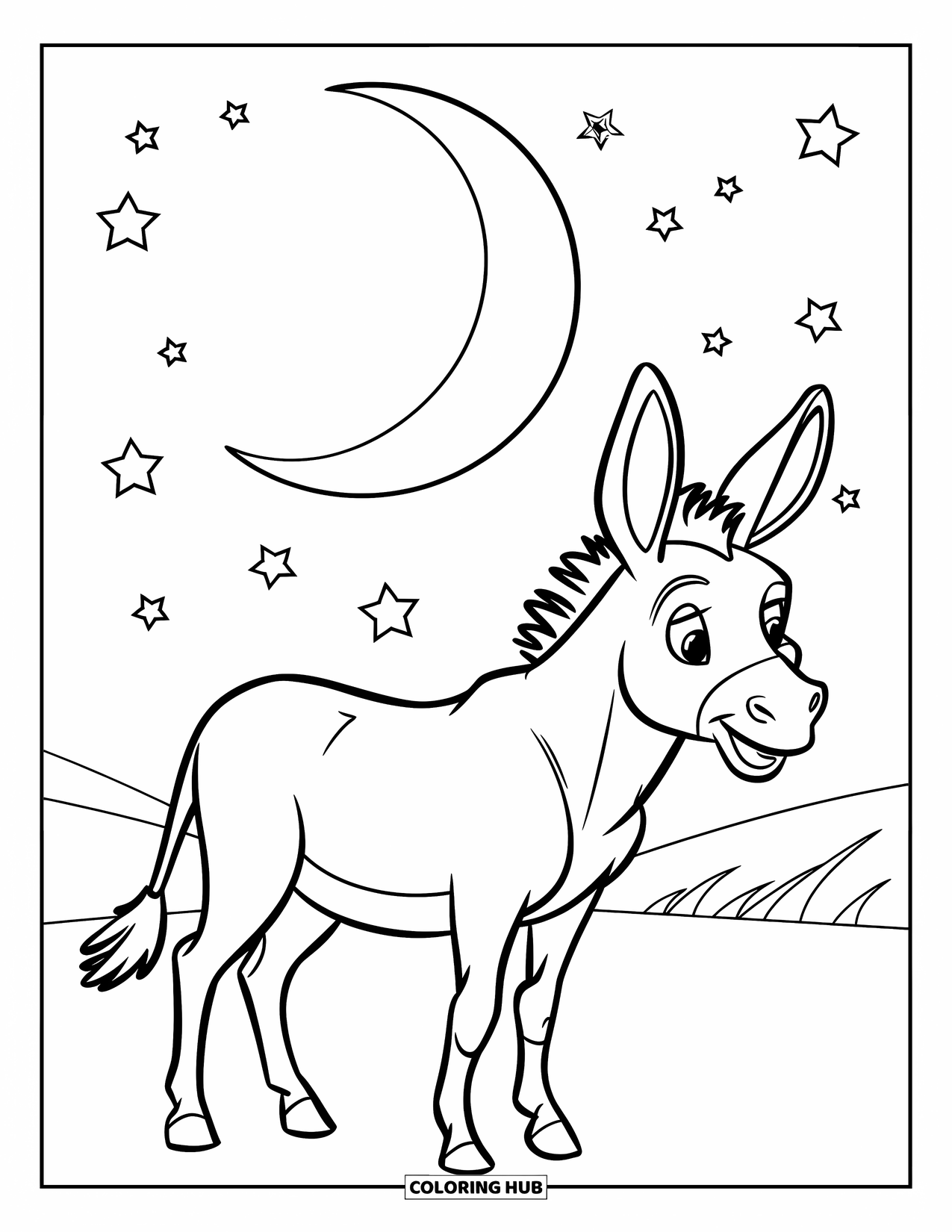 Desenho de Burro para Colorir para Crianças: Um burro está sob uma lua e estrelas brilhantes, descansando em um campo noturno tranquilo