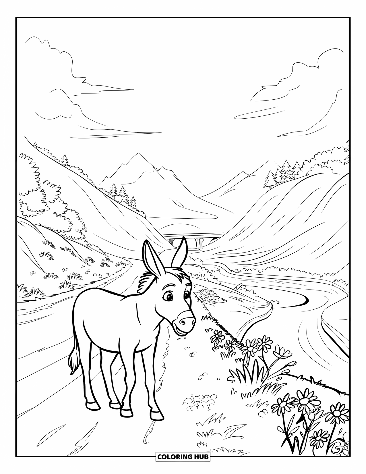 Desenho de Burro para Colorir para Crianças: Um burro passeia por flores silvestres e um rio serpenteando por um vale com montanhas