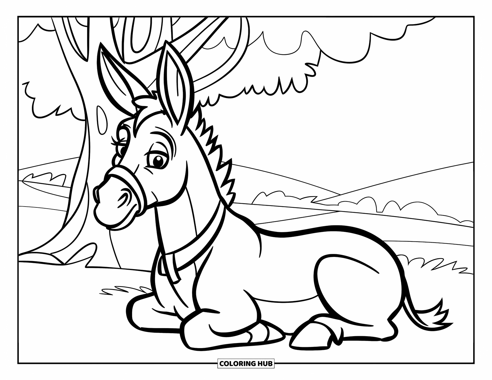 Desenho de Burro para Colorir para Crianças: Um burro sob uma árvore larga desfruta da sombra fresca em um prado tranquilo e aberto
